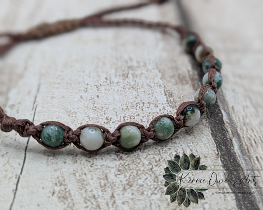 Green moss agate macramé beaded adjustable bracelet.