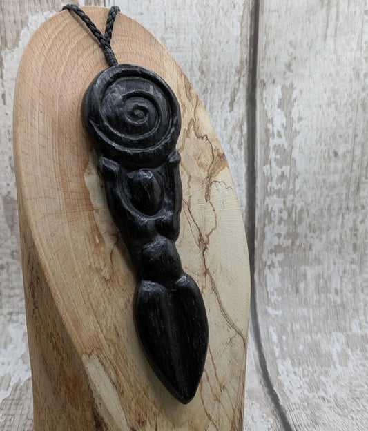 Fenland Bog Oak Goddess Pendant with Koru Spiral World Disc – Sacred Feminine Spiritual Jewelry, Earth Connection Talisman