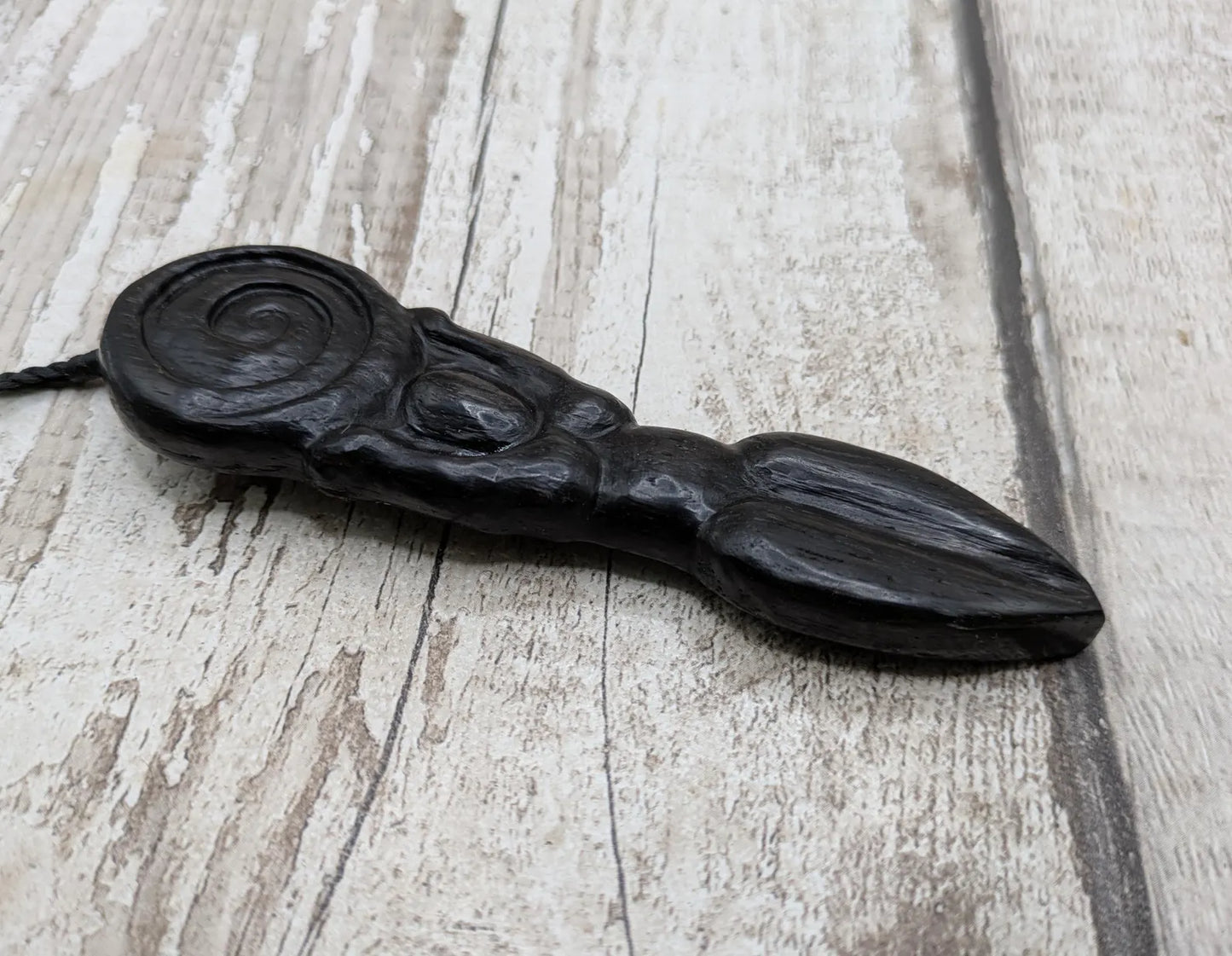 Fenland Bog Oak Goddess Pendant with Koru Spiral World Disc – Sacred Feminine Spiritual Jewelry, Earth Connection Talisman