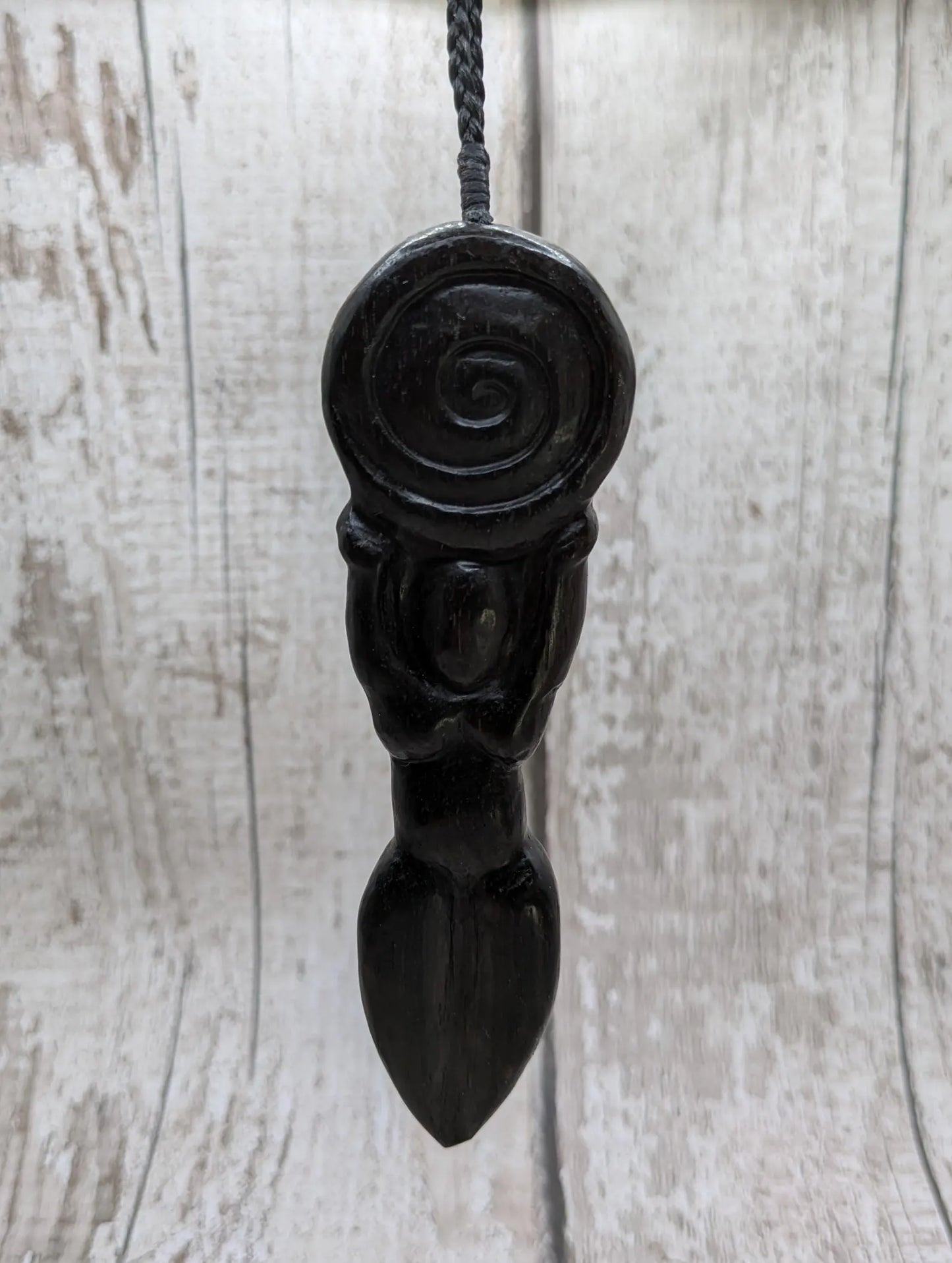 Fenland Bog Oak Goddess Pendant with Koru Spiral World Disc – Sacred Feminine Spiritual Jewelry, Earth Connection Talisman