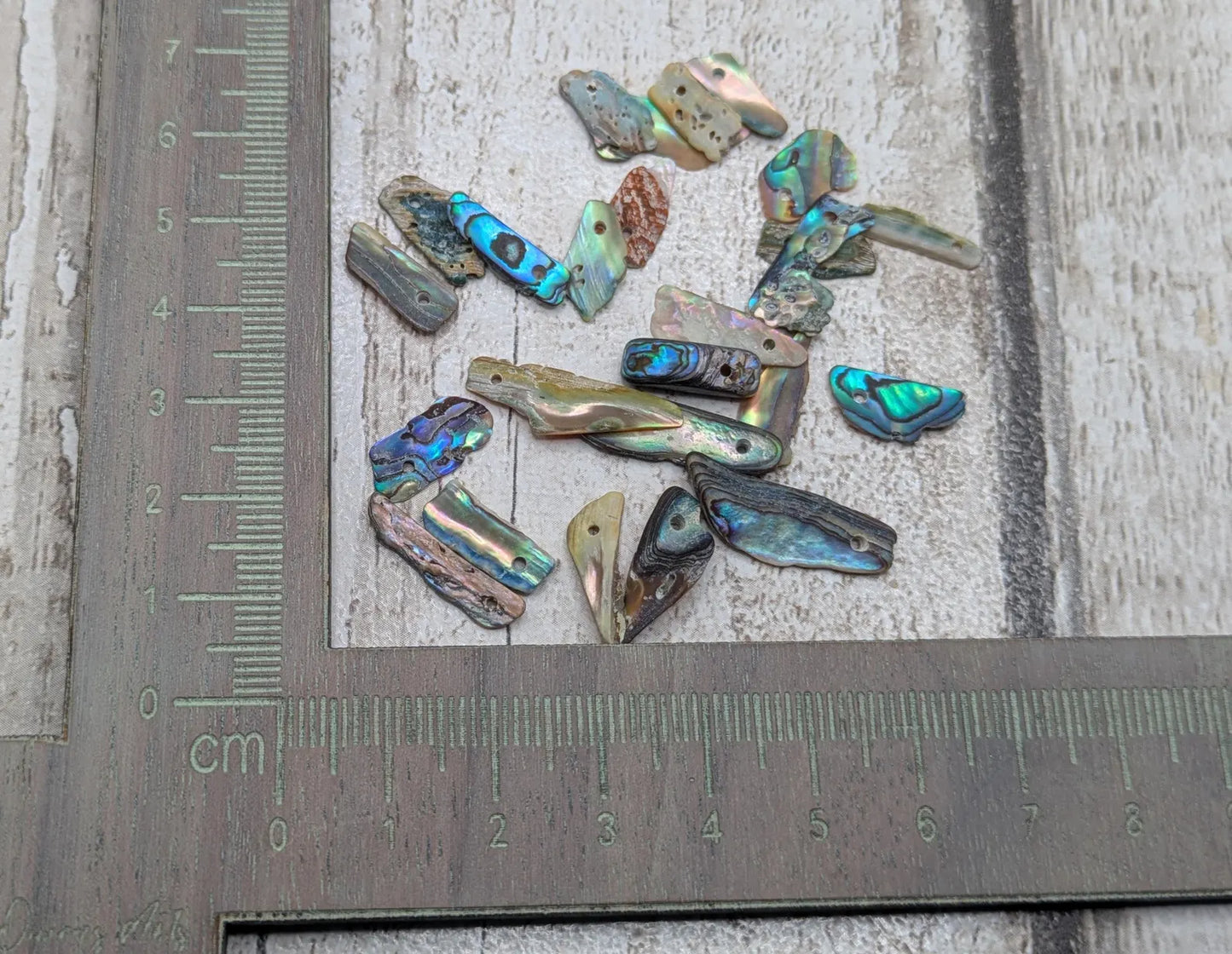 Tiny New Zealand abalone Pāua shell top drilled beads.