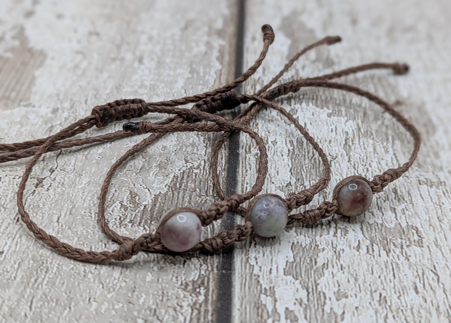 Pink and white mixed Tormaline adjustable macramé woven bracelet.