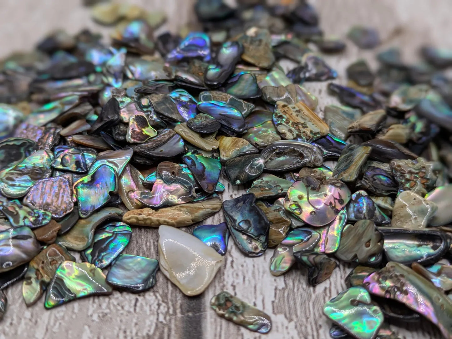 1 pouch New Zealand rainbow pāua abalone shell tumbled chips.