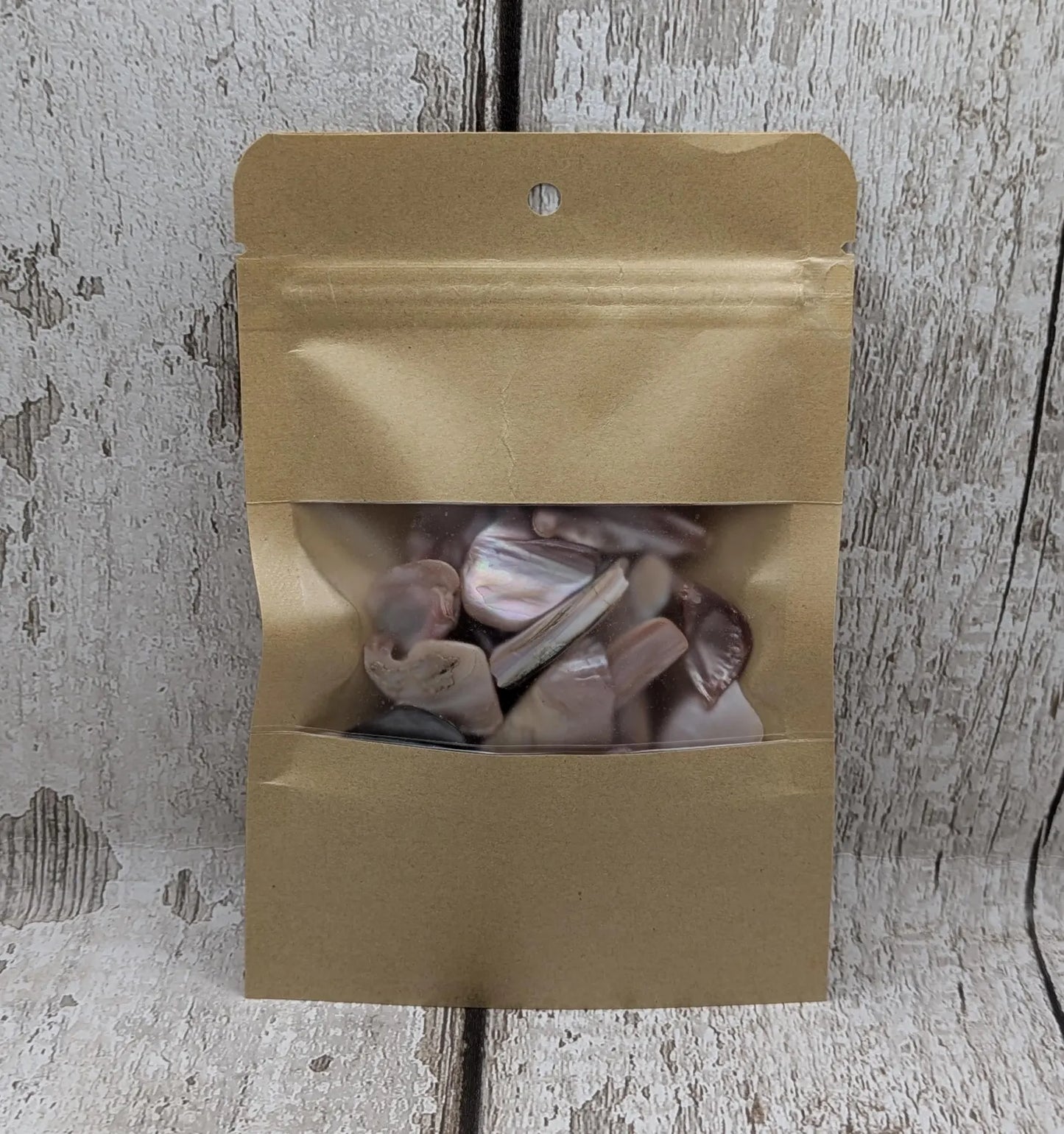New Zealand pink fresh water mussel shell odds shapes pouch.