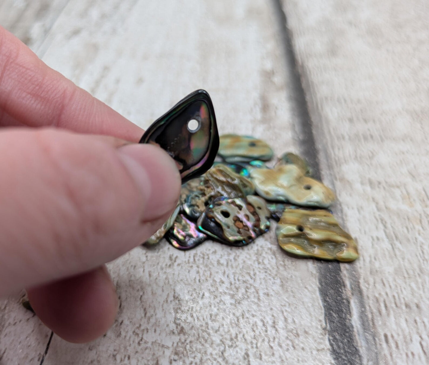 Tiny polished new Zealand rainbow pāua abalone shell beads.