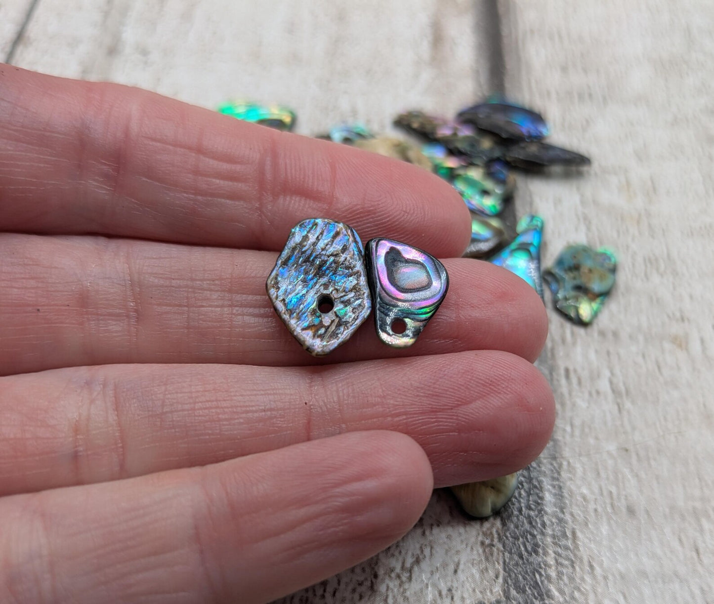 Tiny polished new Zealand rainbow pāua abalone shell beads.