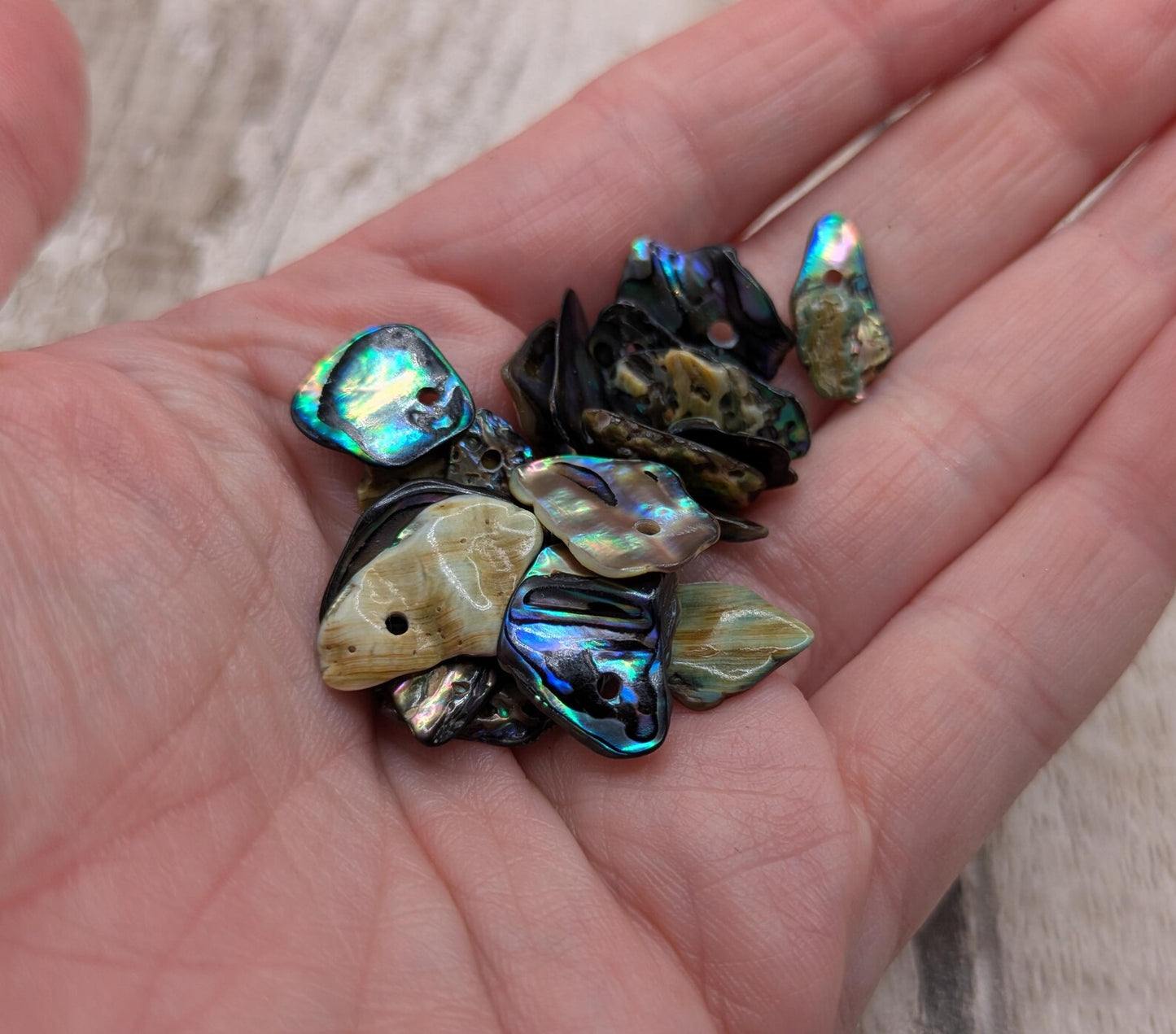 Tiny polished new Zealand rainbow pāua abalone shell beads.