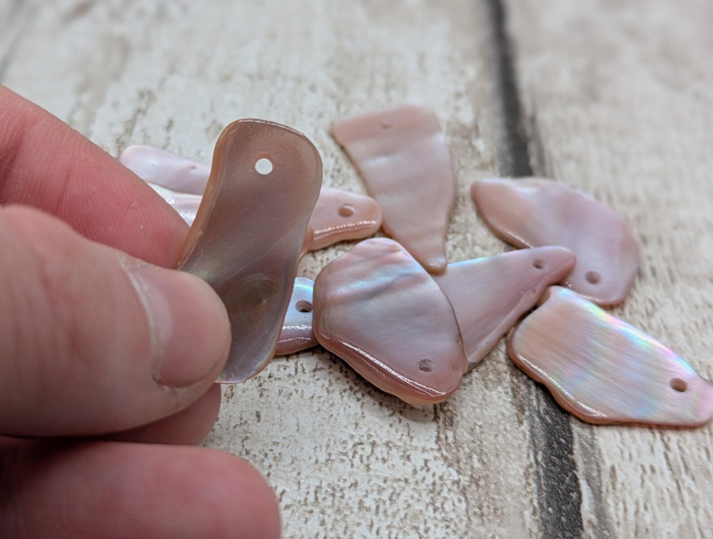 10 New Zealand pink freshwater mussel beads.