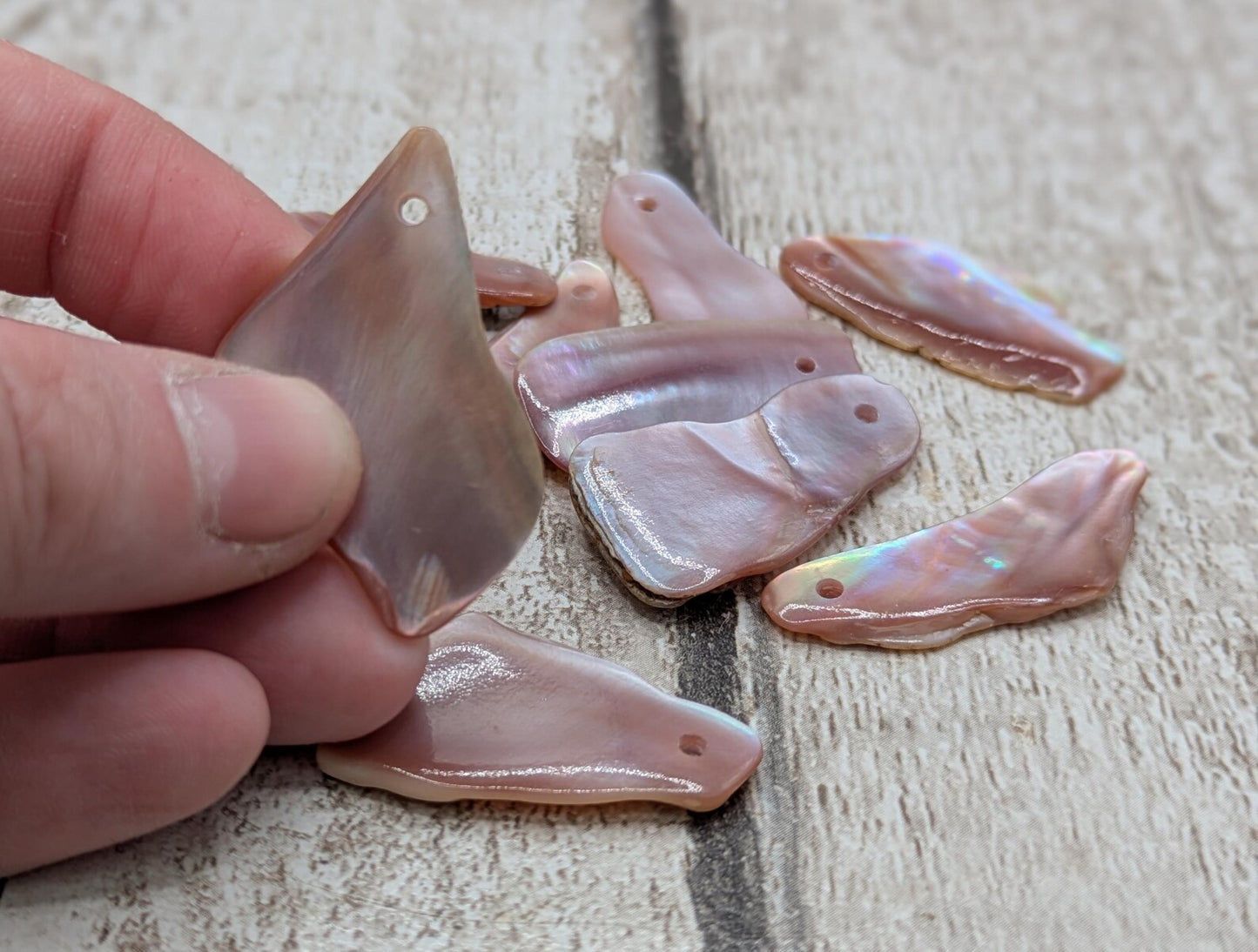 10 New Zealand pink freshwater mussel beads.