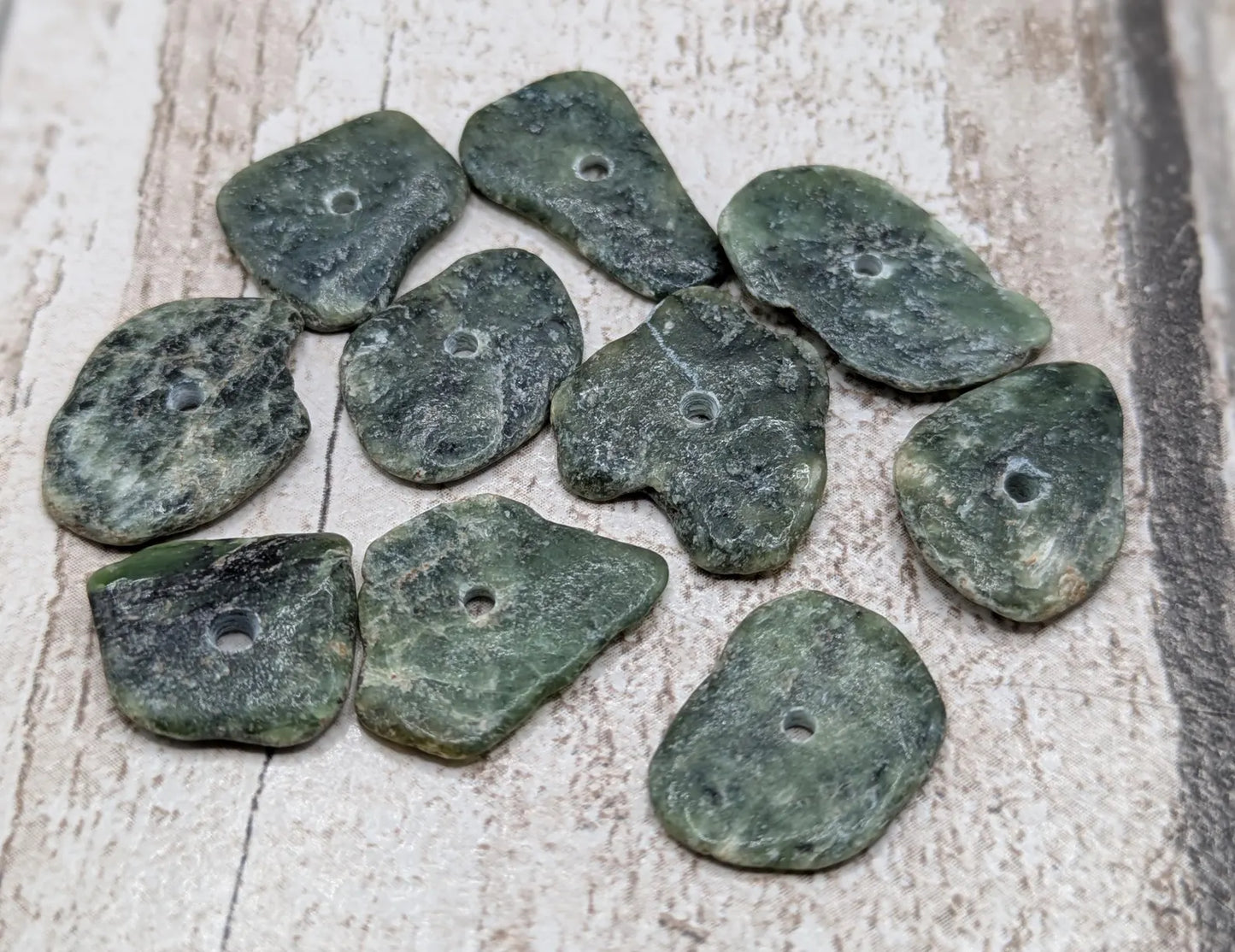 10 Centre-Drilled New Zealand Pounamu Beads – Tumble polished Greenstone Offcuts for Jewellery Making and craft projects.