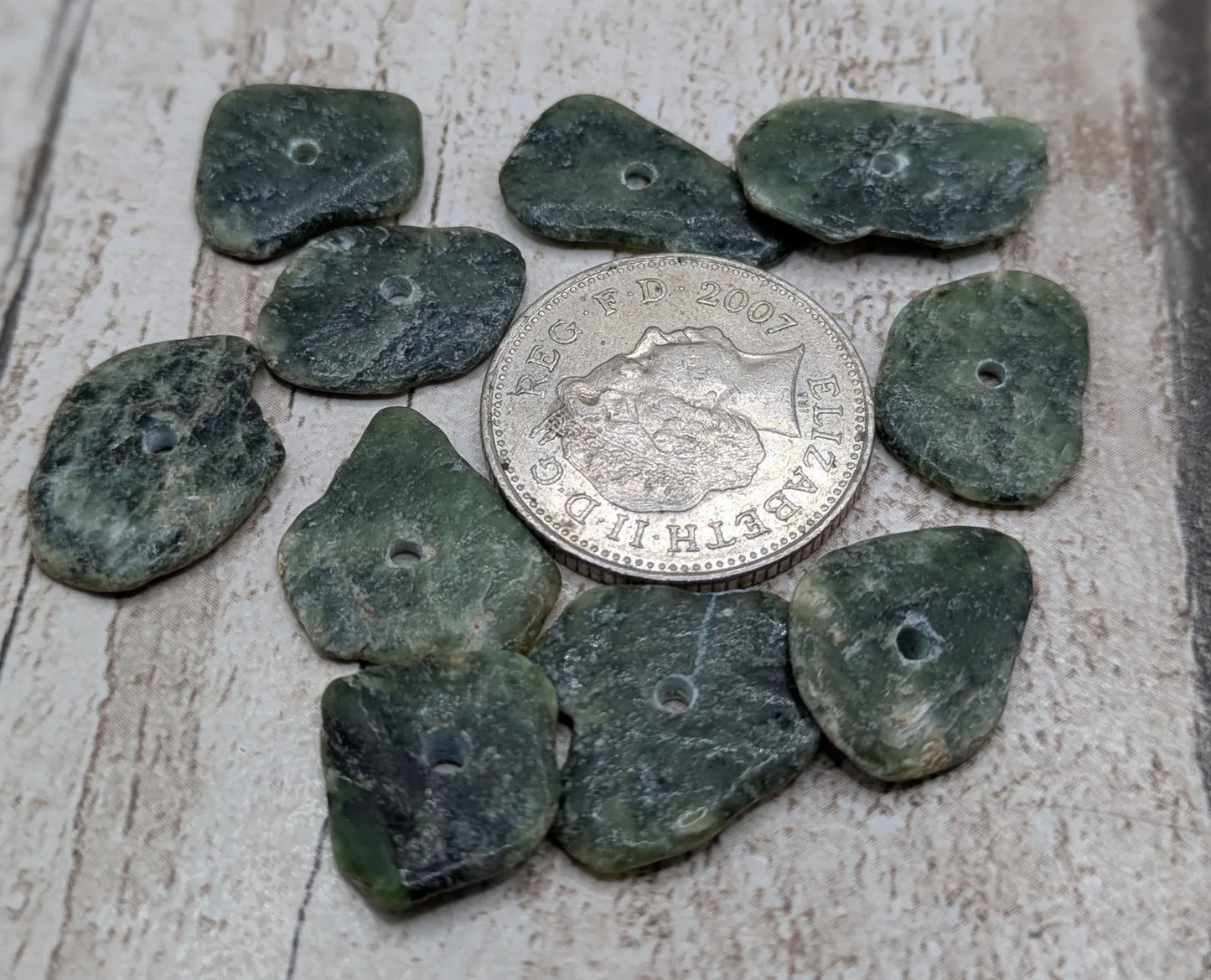 10 Centre-Drilled New Zealand Pounamu Beads – Tumble polished Greenstone Offcuts for Jewellery Making and craft projects.