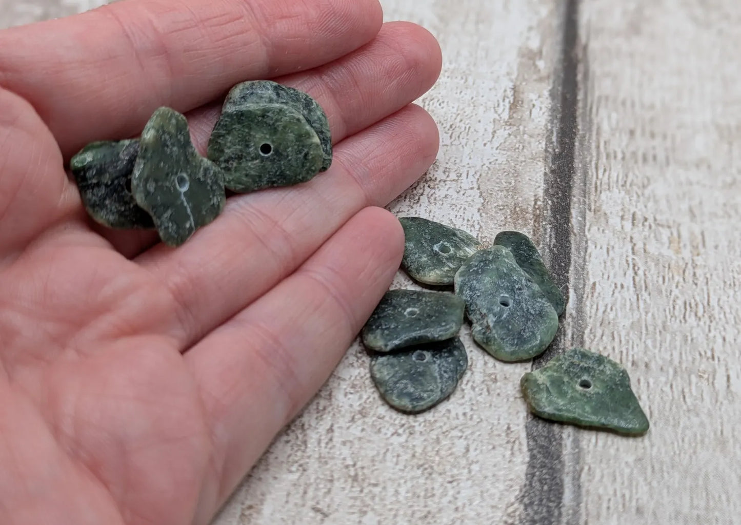 10 Centre-Drilled New Zealand Pounamu Beads – Tumble polished Greenstone Offcuts for Jewellery Making and craft projects.