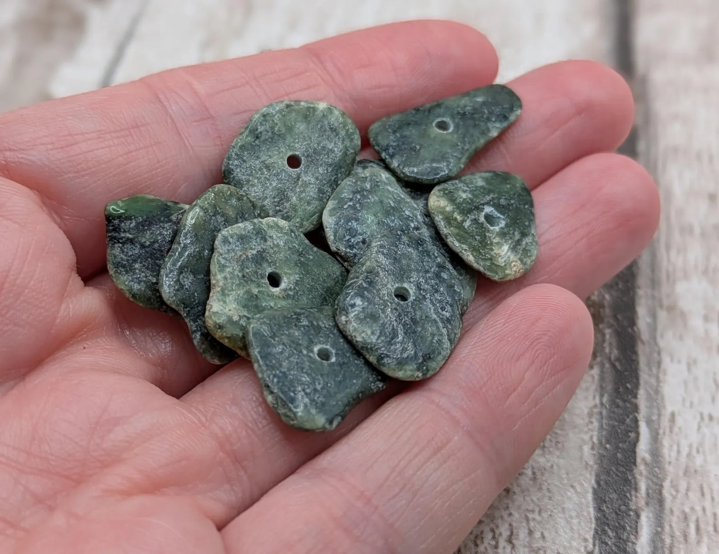 10 Centre-Drilled New Zealand Pounamu Beads – Tumble polished Greenstone Offcuts for Jewellery Making and craft projects.