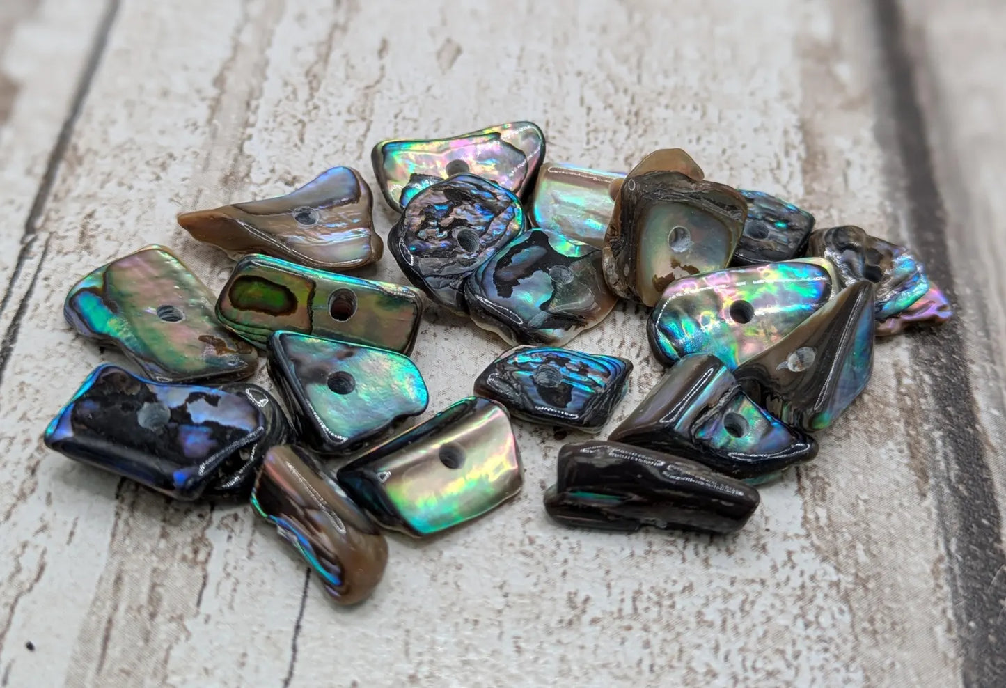 20 central drilled new Zealand rainbow pāua abalone shell beads.