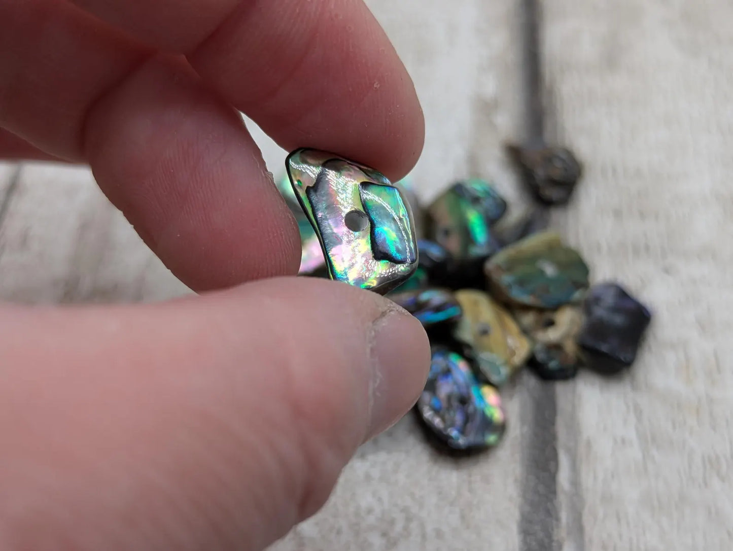 20 central drilled new Zealand rainbow pāua abalone shell beads.