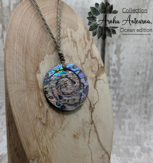 Pāua Shell Koru Spiral Pendant – Reclaimed New Zealand Abalone Shell Necklace | Upcycled Ocean Jewelry | One-Off Māori-Inspired Gift.