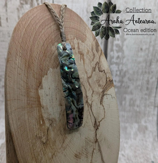 Rainbow NZ Pāua Shell Rectangular Pendant – Iridescent Abalone Statement Necklace with Natural Nacre, ocean themed.