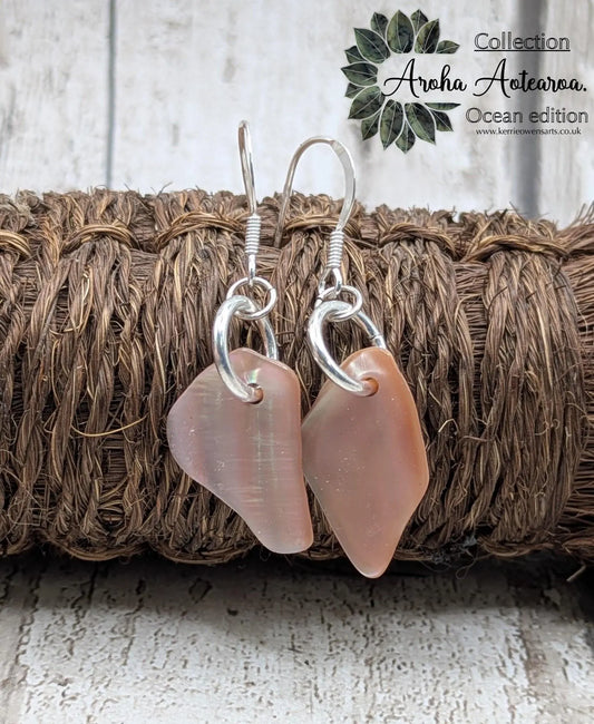 Pink Mussel Shell Earrings – New Zealand Free-Form Iridescent Drops on Sterling Silver Fish Hooks | Everyday Ocean Elegance.