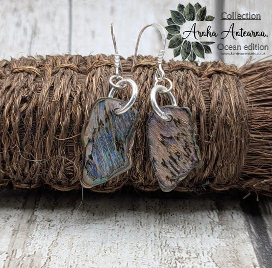 New Zealand Pāua Shell Earrings – Rainbow Abalone Free-Form Drops on Sterling Silver Hooks | Ocean Energy Jewellery.