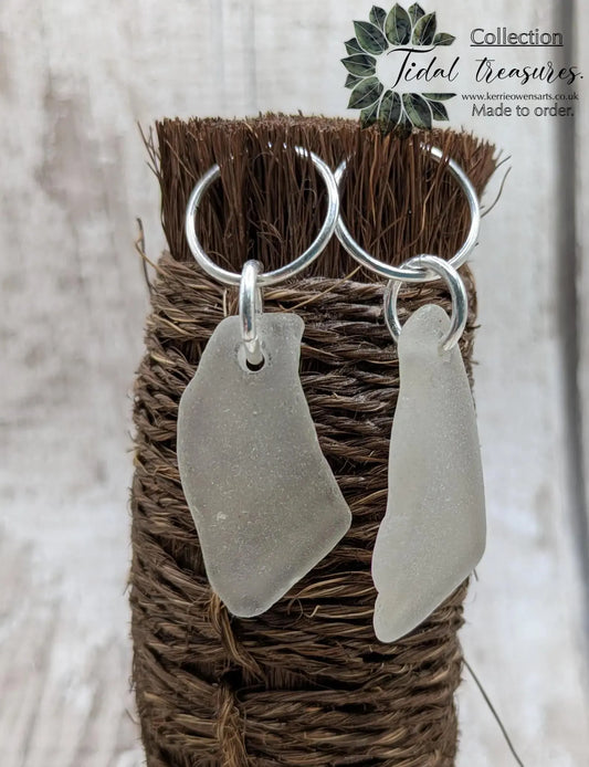 Sea Glass Hoop Earrings – Sterling Silver Sleepers with Tumbled Thames Estuary Glass – Frosted White or Teal – Eco Coastal Jewellery