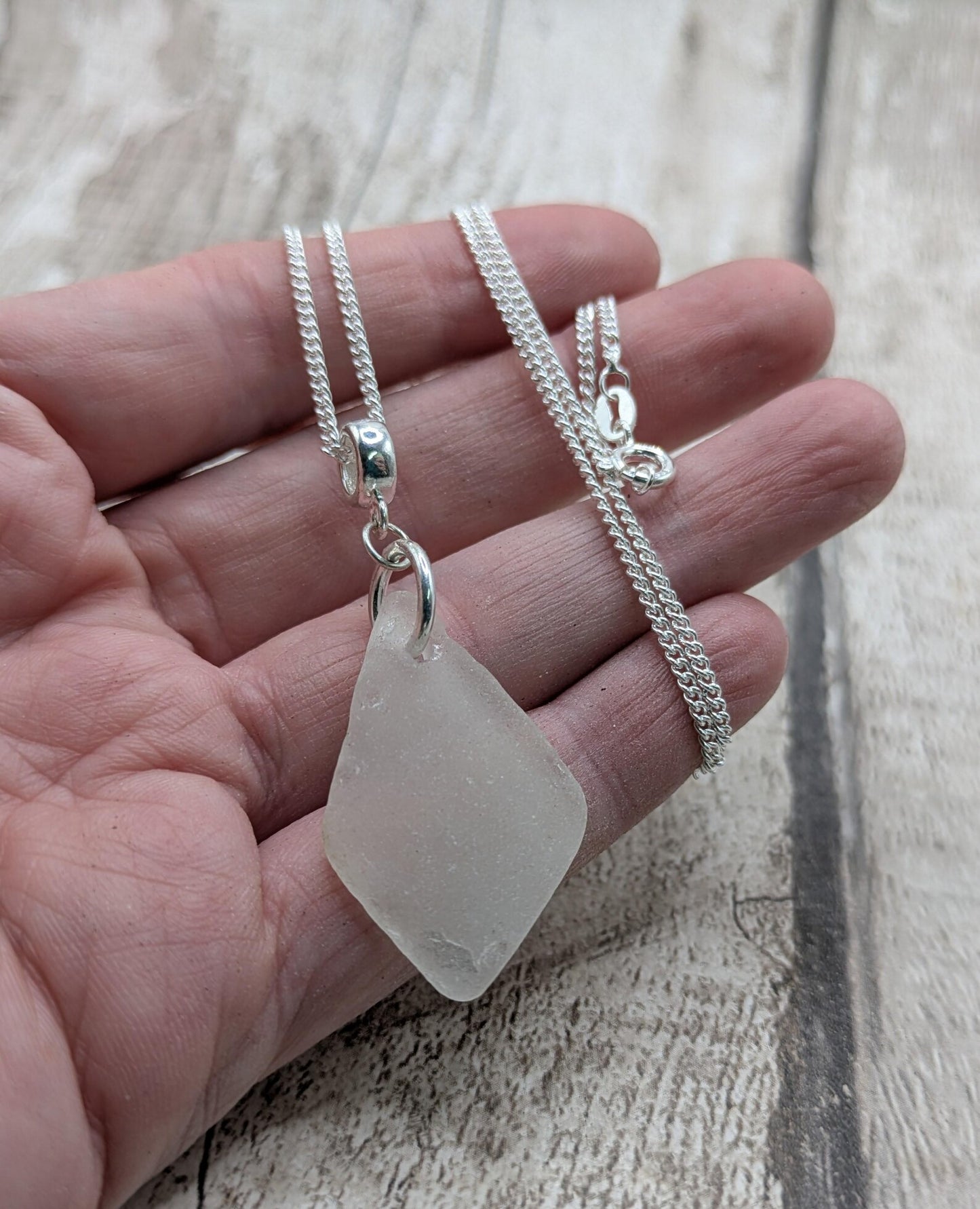 Frosted Sea Glass Necklace – Natural Thames Sea Glass Pendant on Sterling Silver Chain – Eco Beach Jewellery – Coastal Gift.