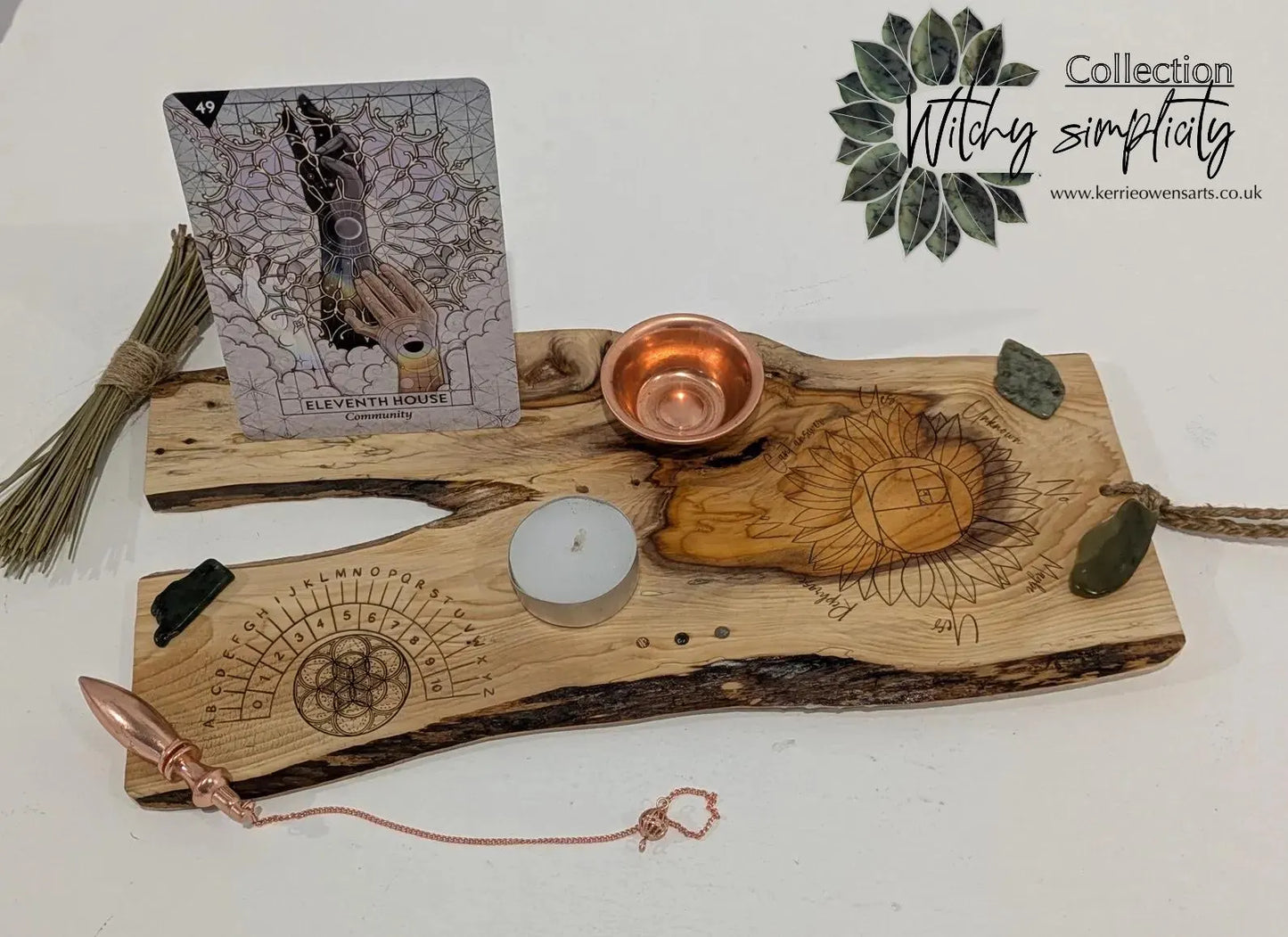 Yew wood mini altar board and pendulum dowsing board with sunflower details.