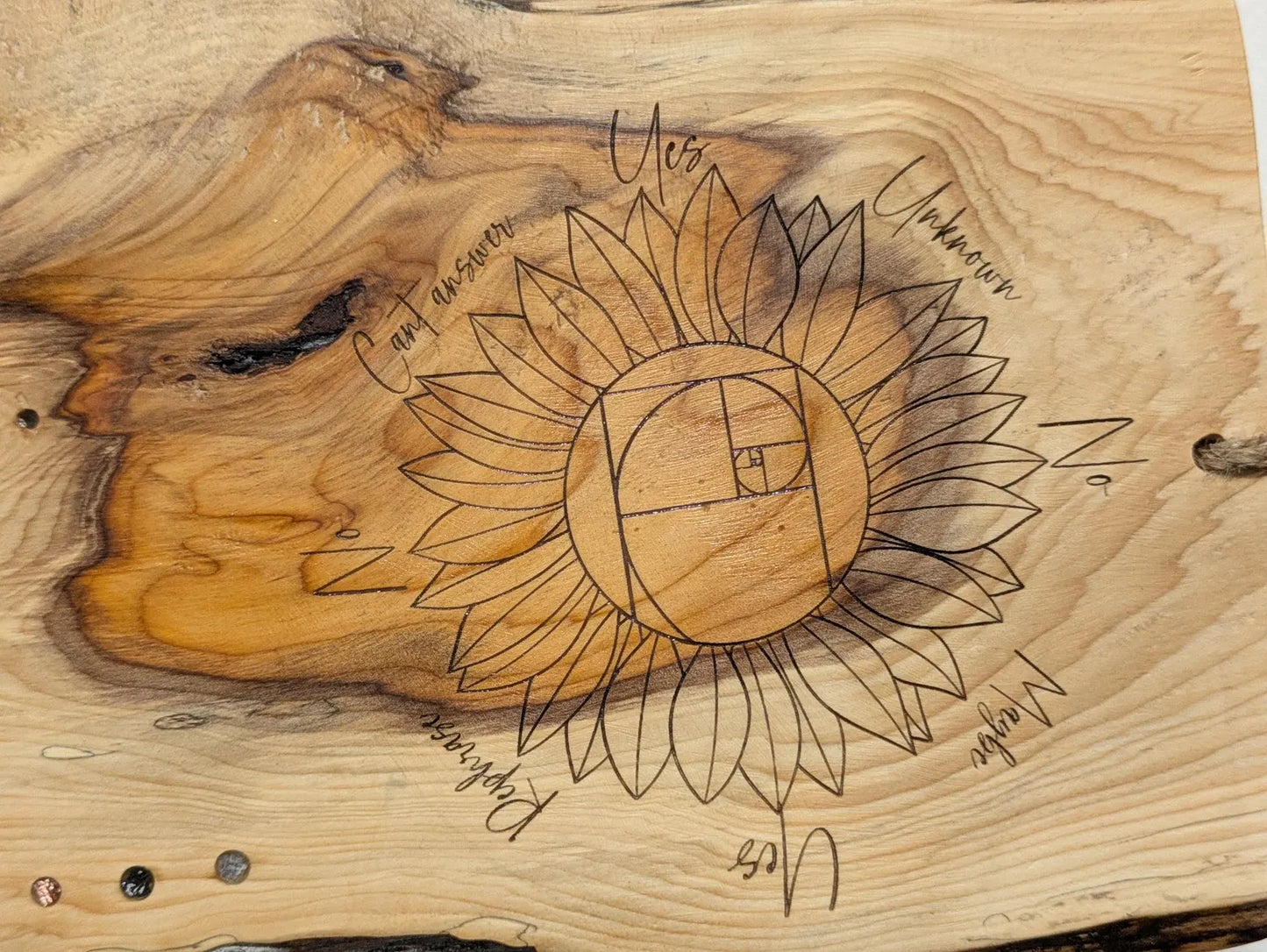 Yew wood mini altar board and pendulum dowsing board with sunflower details.