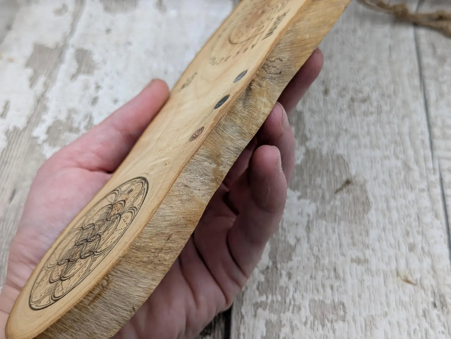 Ash wood pendulum dowsing pendulum board laser printed, with sunflower design.