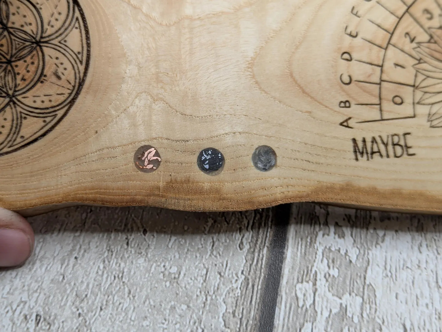 Ash wood pendulum dowsing pendulum board laser printed, with sunflower design.
