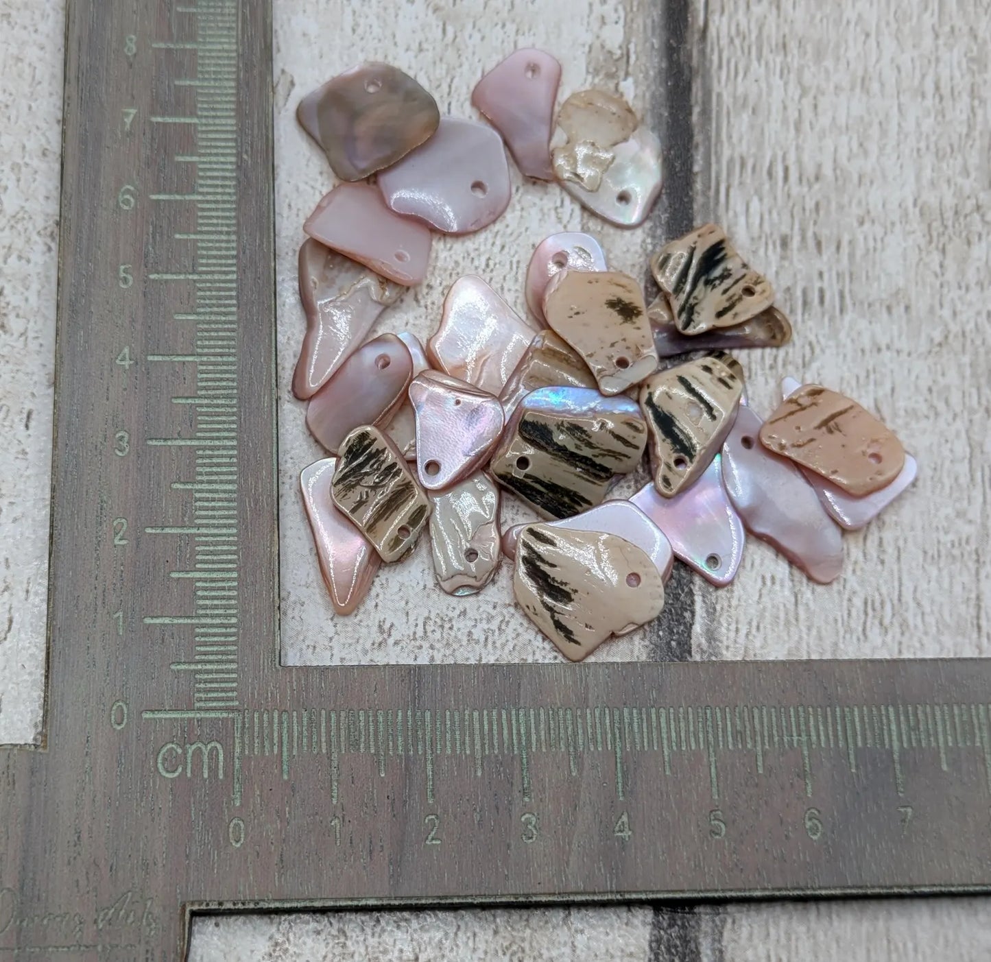 New Zealand top drilled tumbled pink fresh water mussel shell.