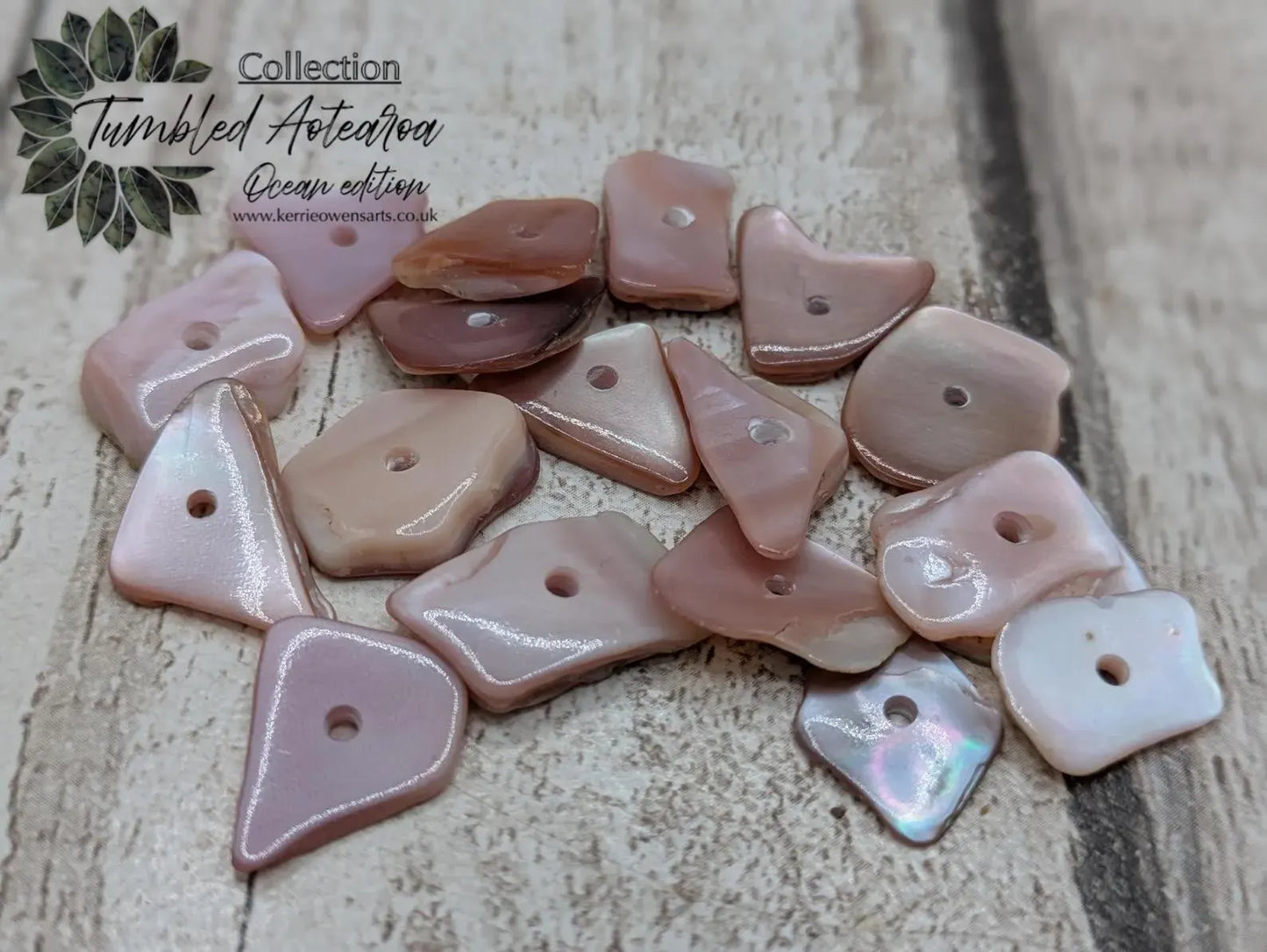 20 centre drilled New Zealand pink fresh water mussel beads.