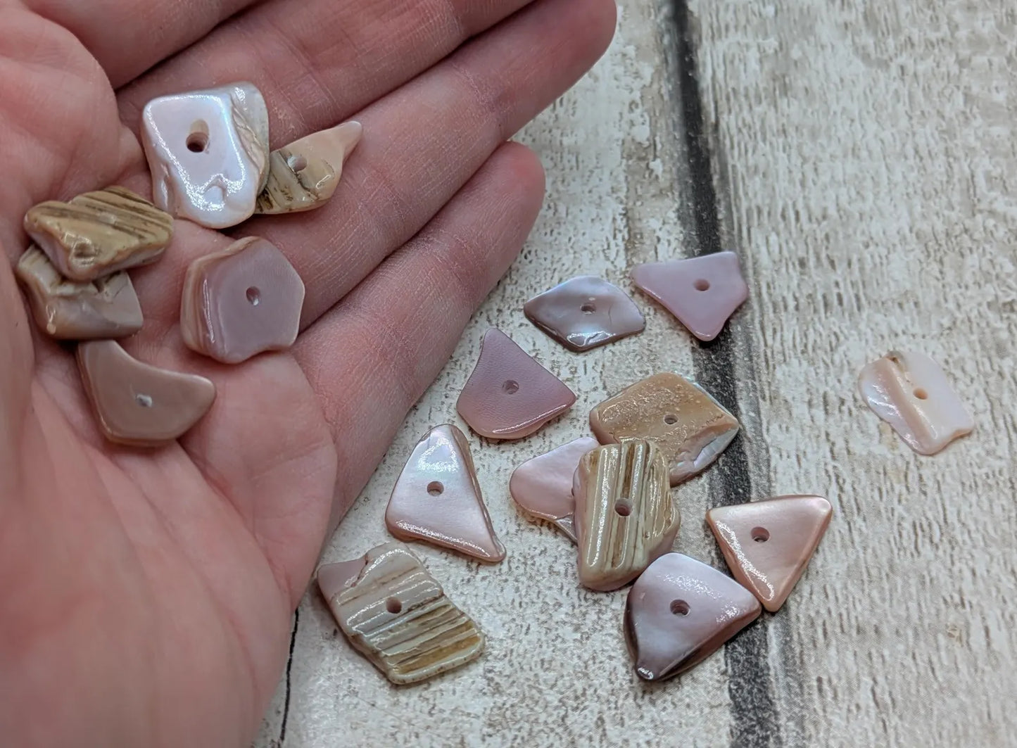 20 centre drilled New Zealand pink fresh water mussel beads.