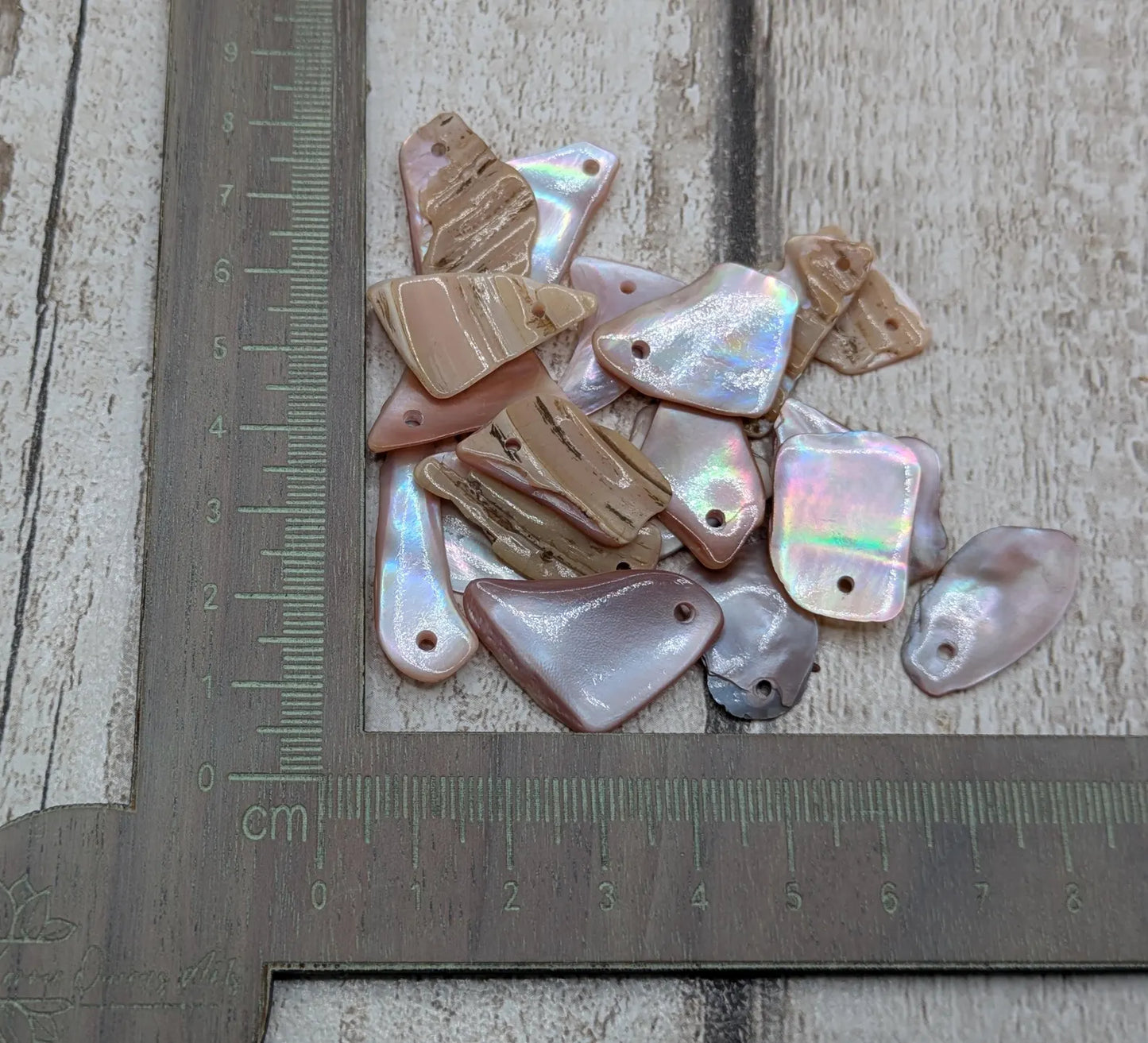 20 top drilled New Zealand pink mussel shell beads.