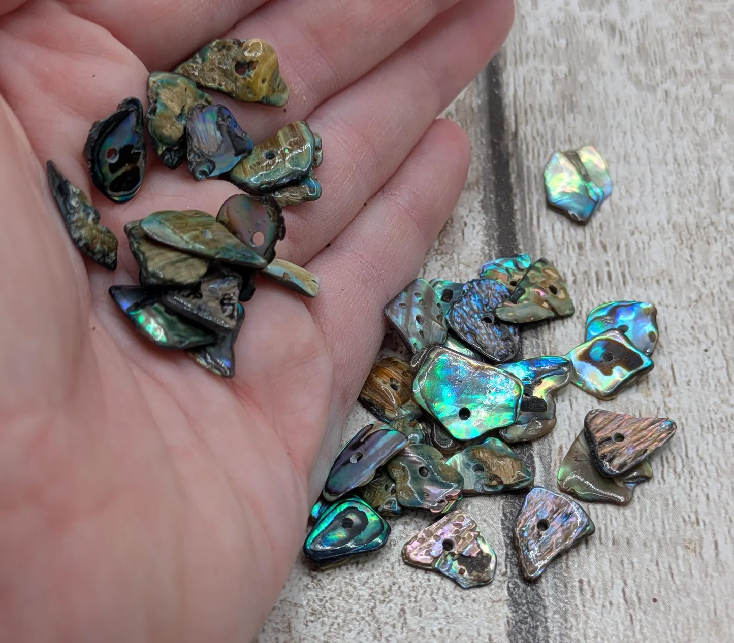 20 New Zealand rainbow pāua abalone shell central tiny beads.