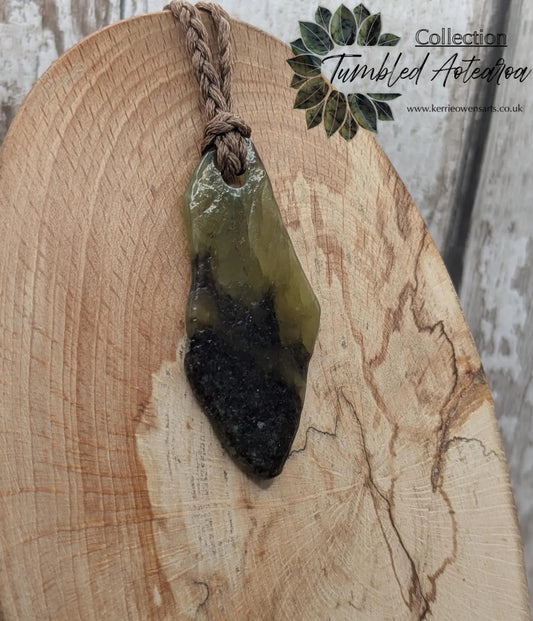 Tumble polished New Zealand Pounamu Jade Necklace – Raw Greenstone Offcut crystal Pendant on Cord, simple spiritual jewellery.