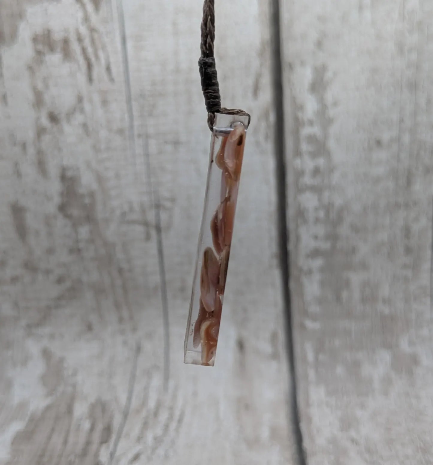One New Zealand fresh water pink mussel shell in resin.