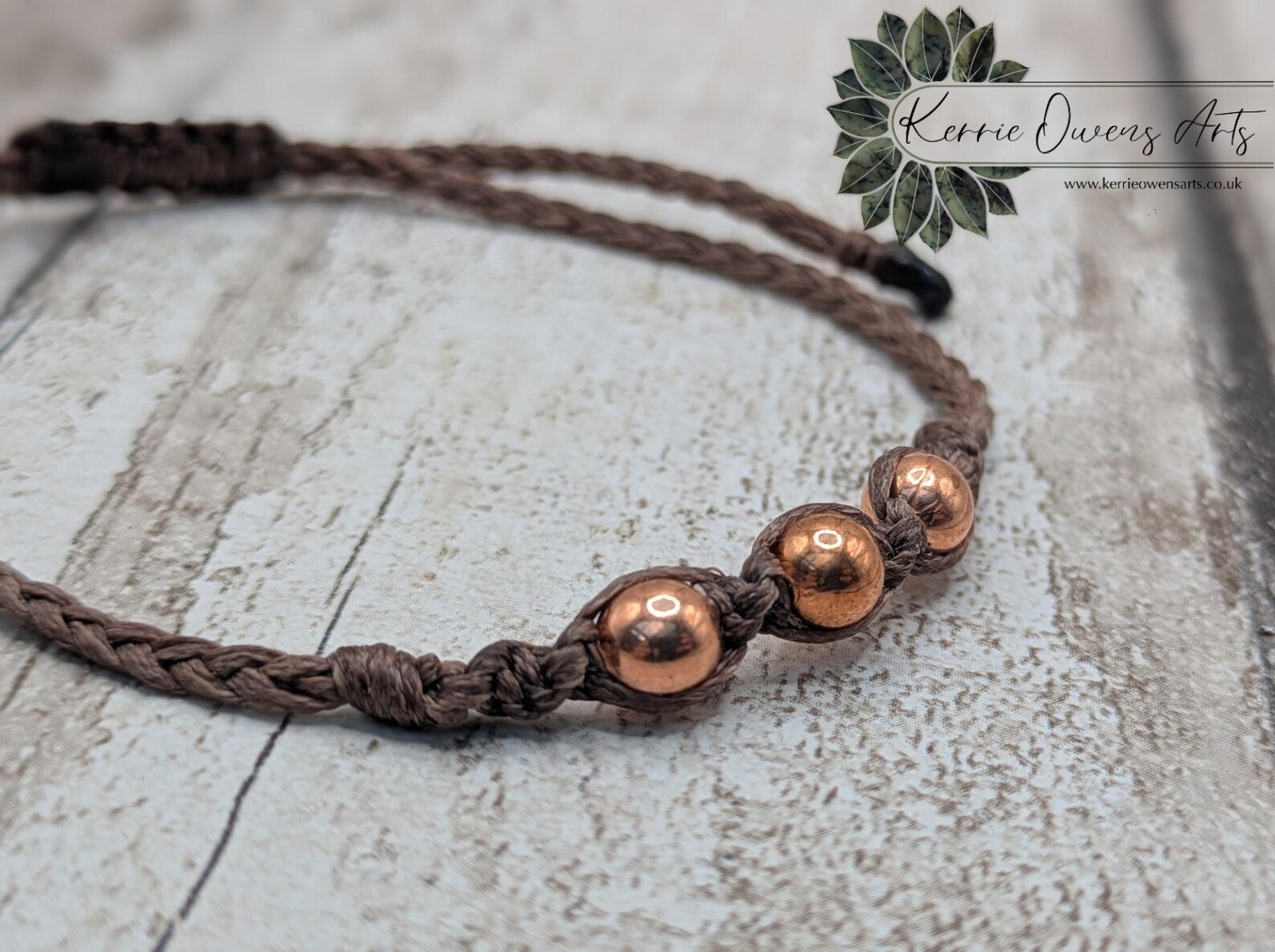 Copper macramé beaded adjustable bracelet.