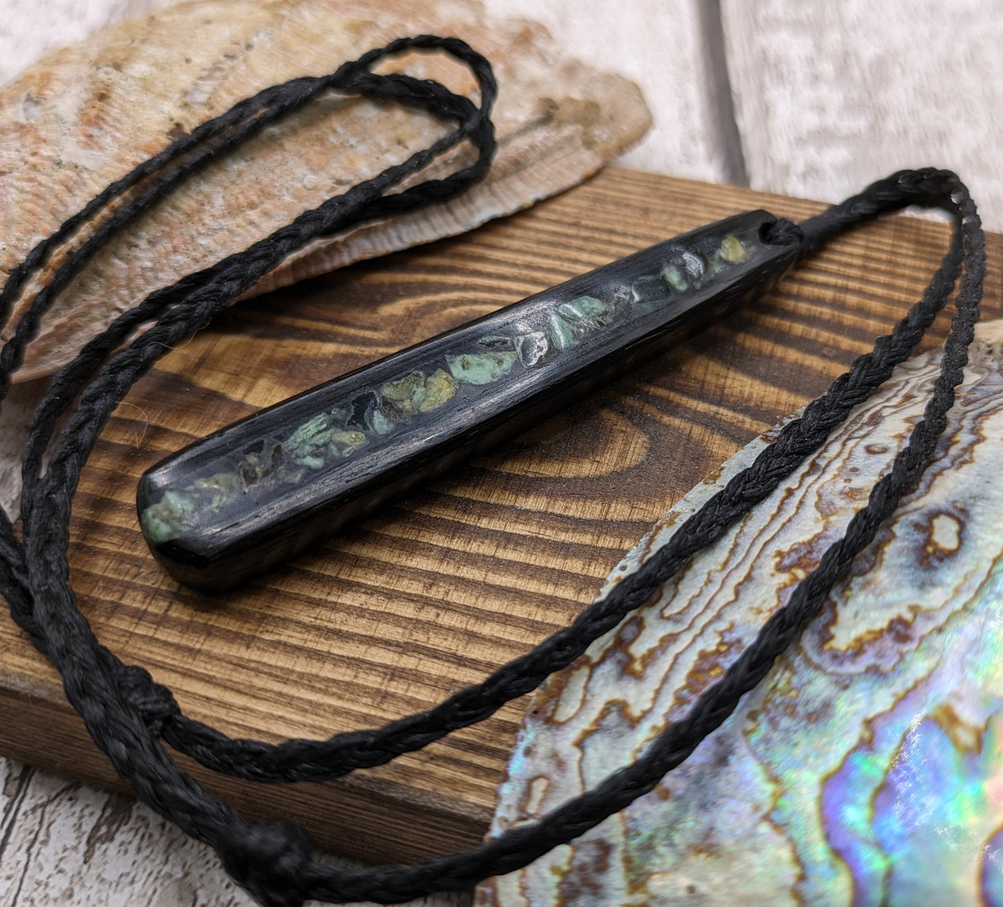 Fenland bog oak roimata pendant with NZ pounamu Greenstone.