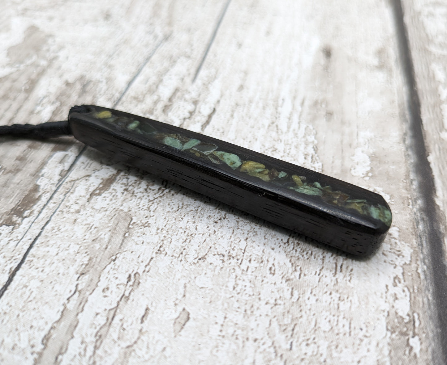 Fenland bog oak roimata pendant with NZ pounamu Greenstone.