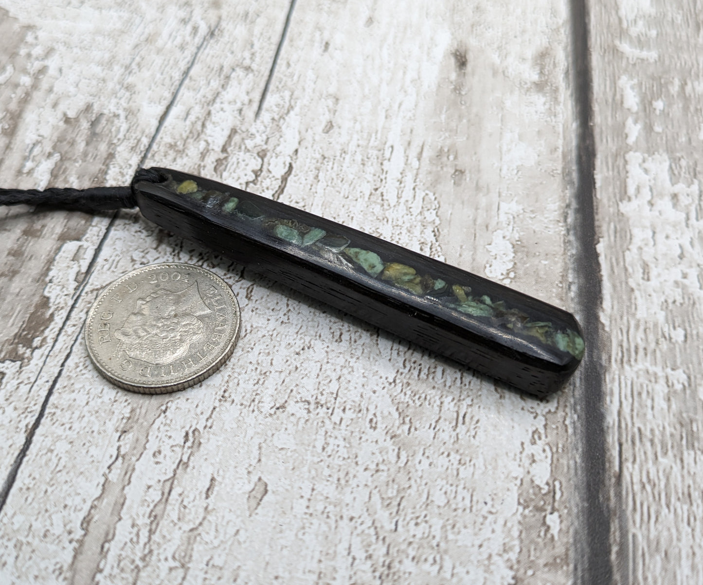 Fenland bog oak roimata pendant with NZ pounamu Greenstone.