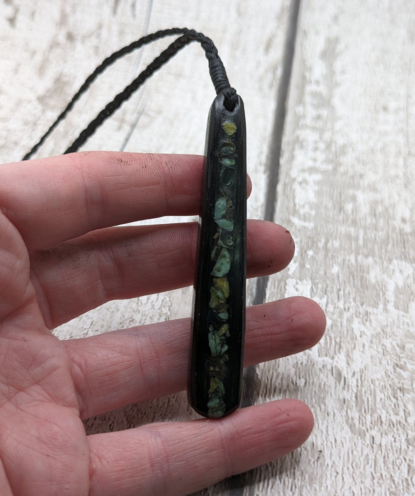 Fenland bog oak roimata pendant with NZ pounamu Greenstone.