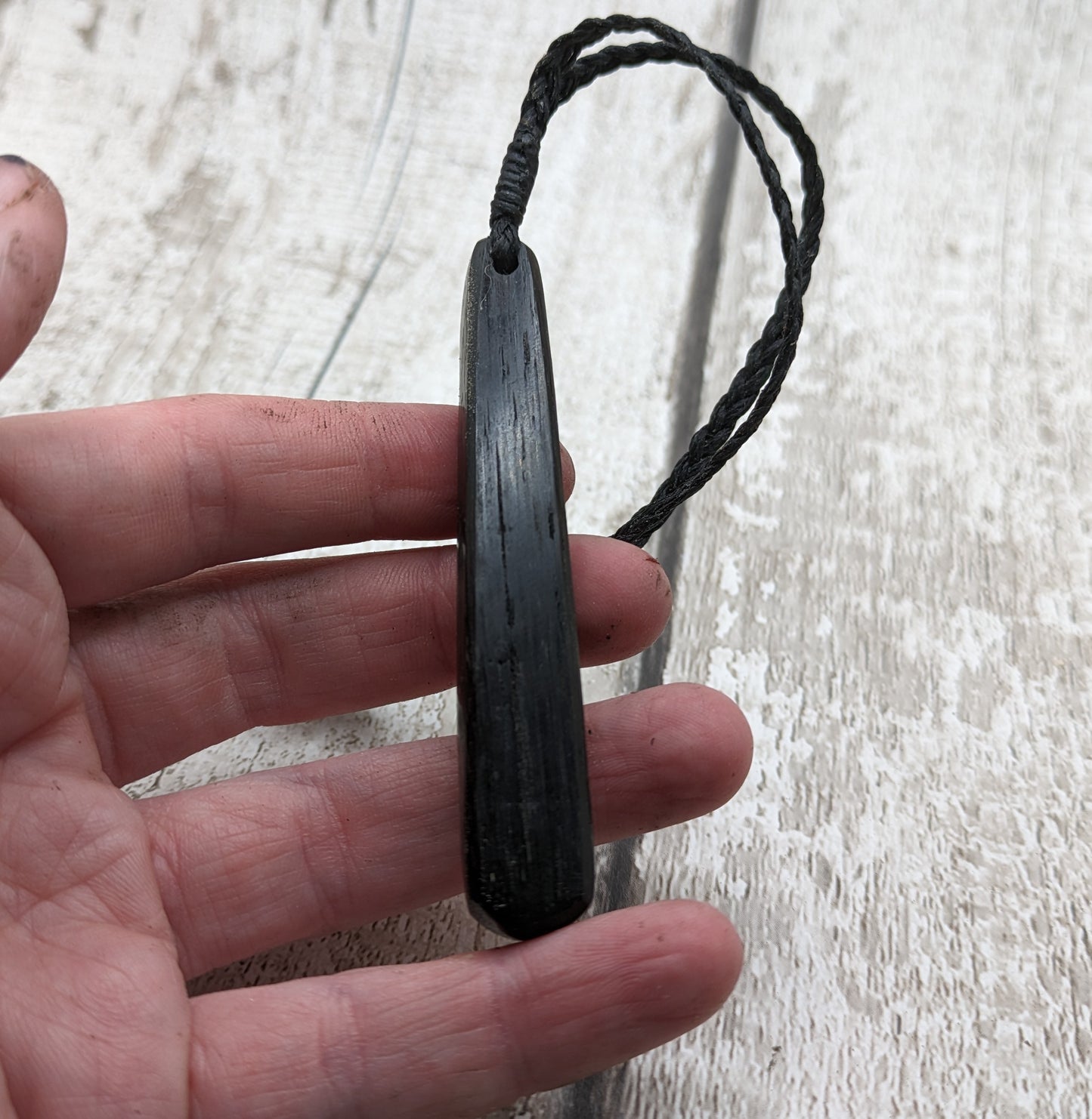 Fenland bog oak roimata pendant with NZ pounamu Greenstone.