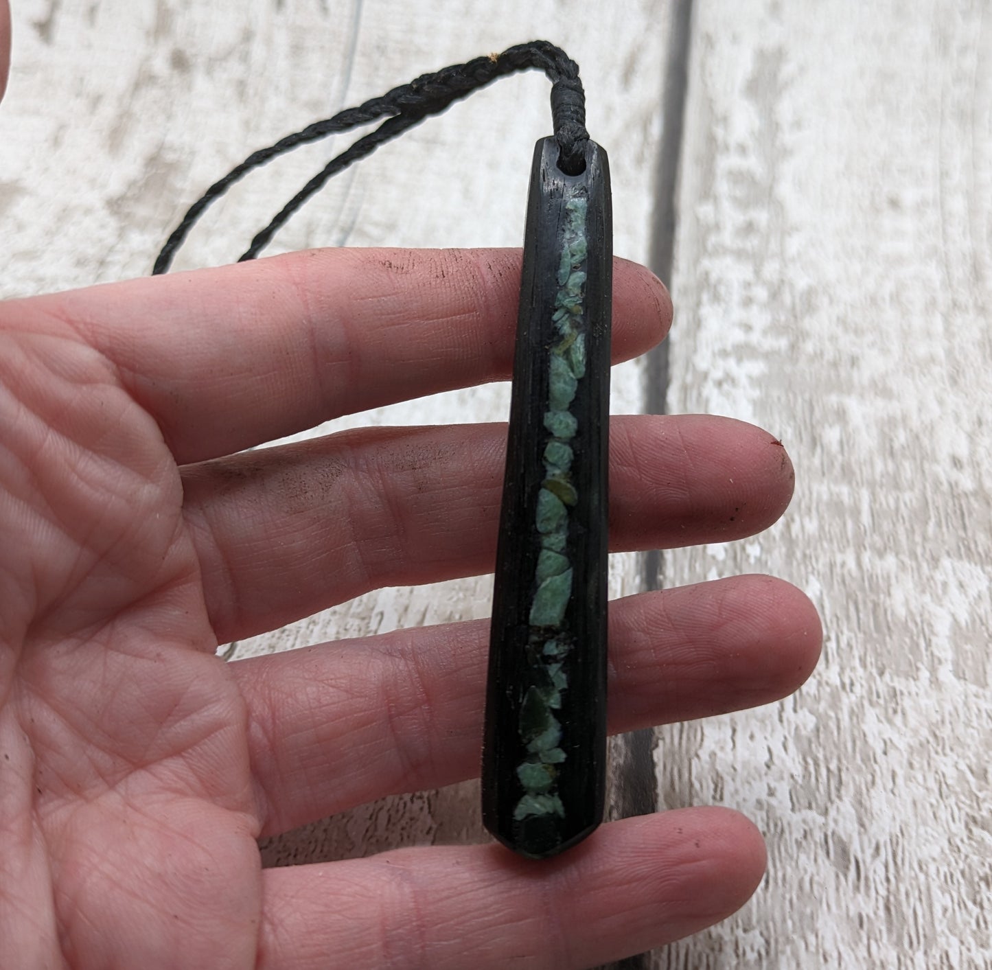 Fenland bog oak roimata pendant with NZ pounamu greenstone.