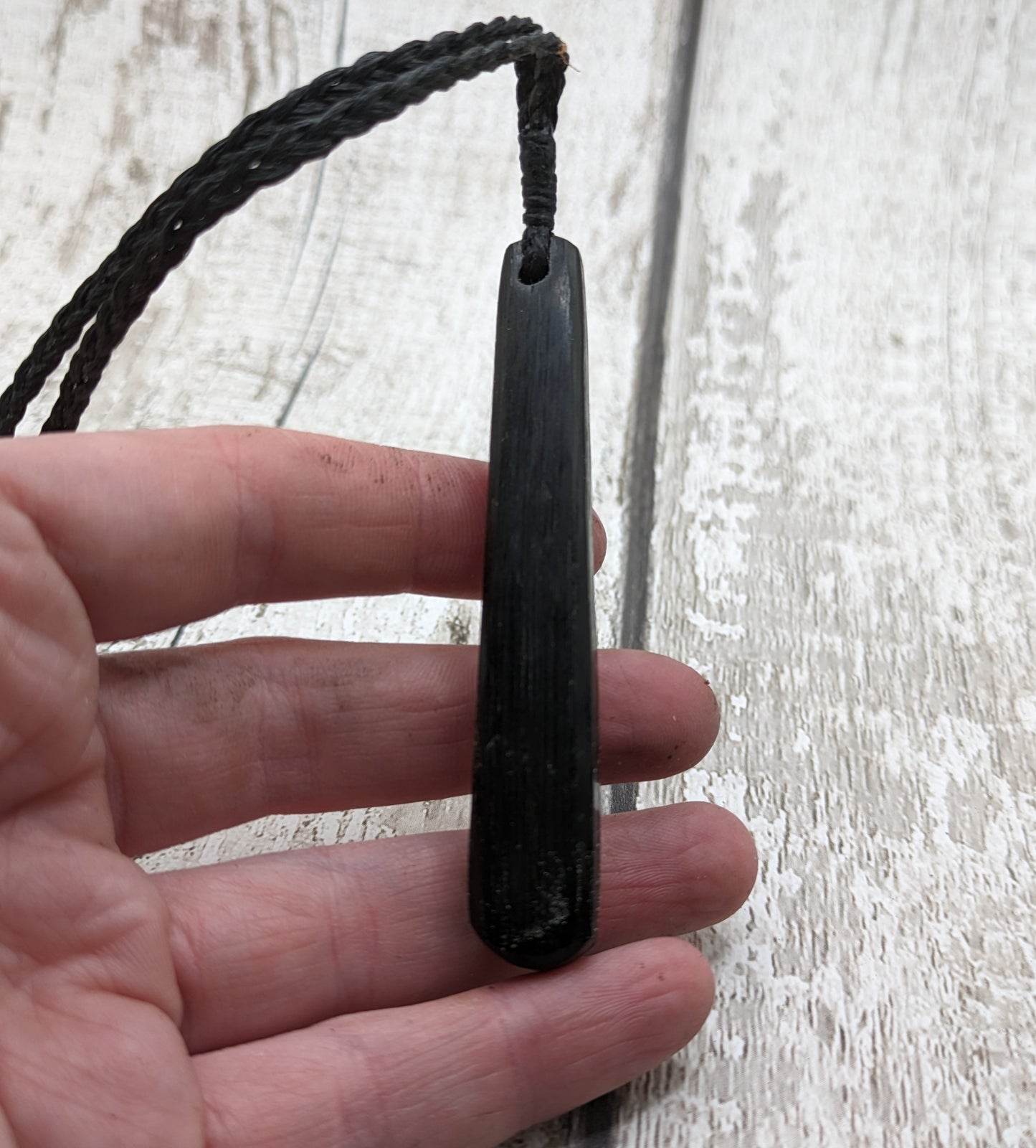 Fenland bog oak roimata pendant with NZ pounamu greenstone.