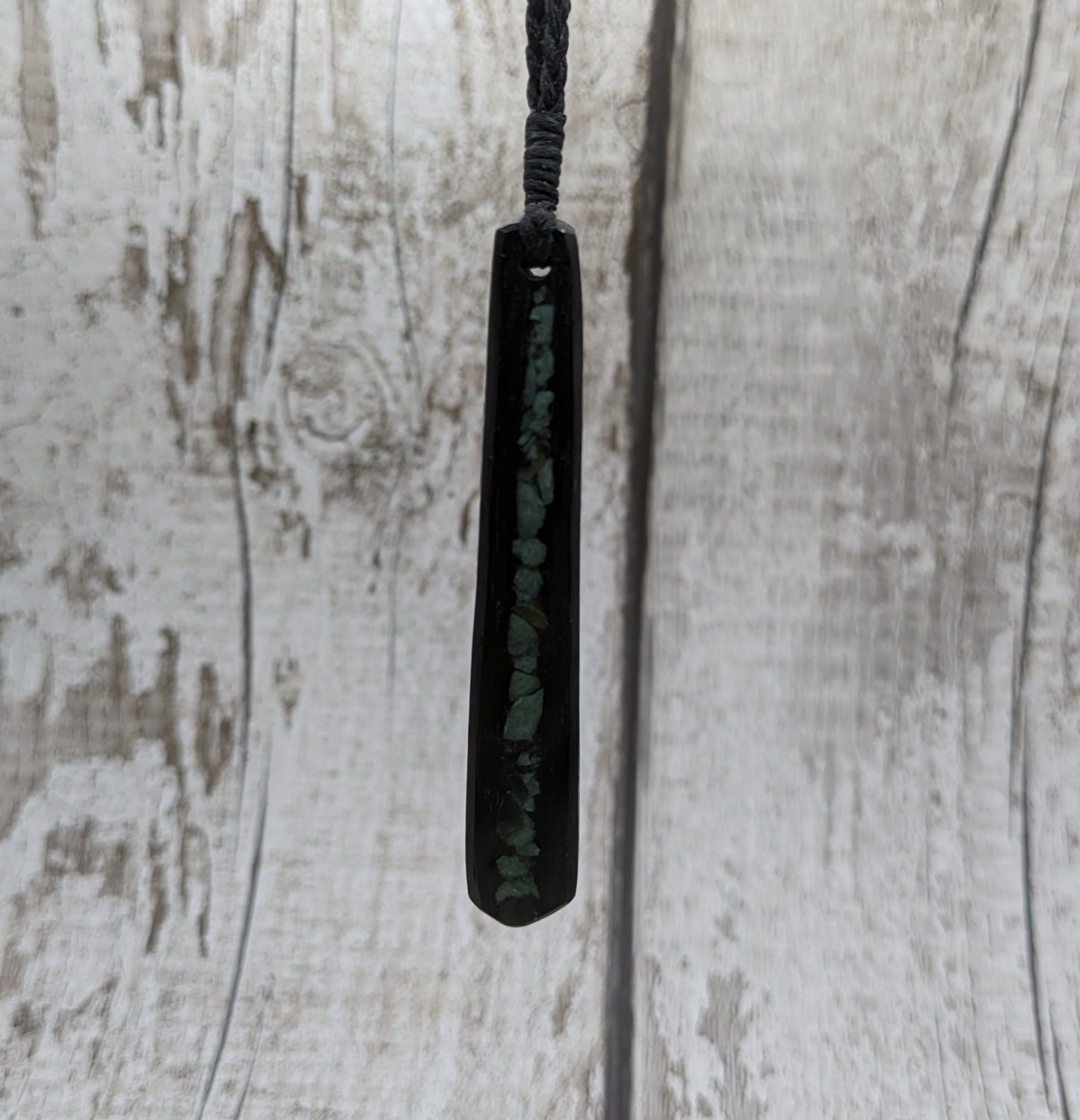 Fenland bog oak roimata pendant with NZ pounamu greenstone.