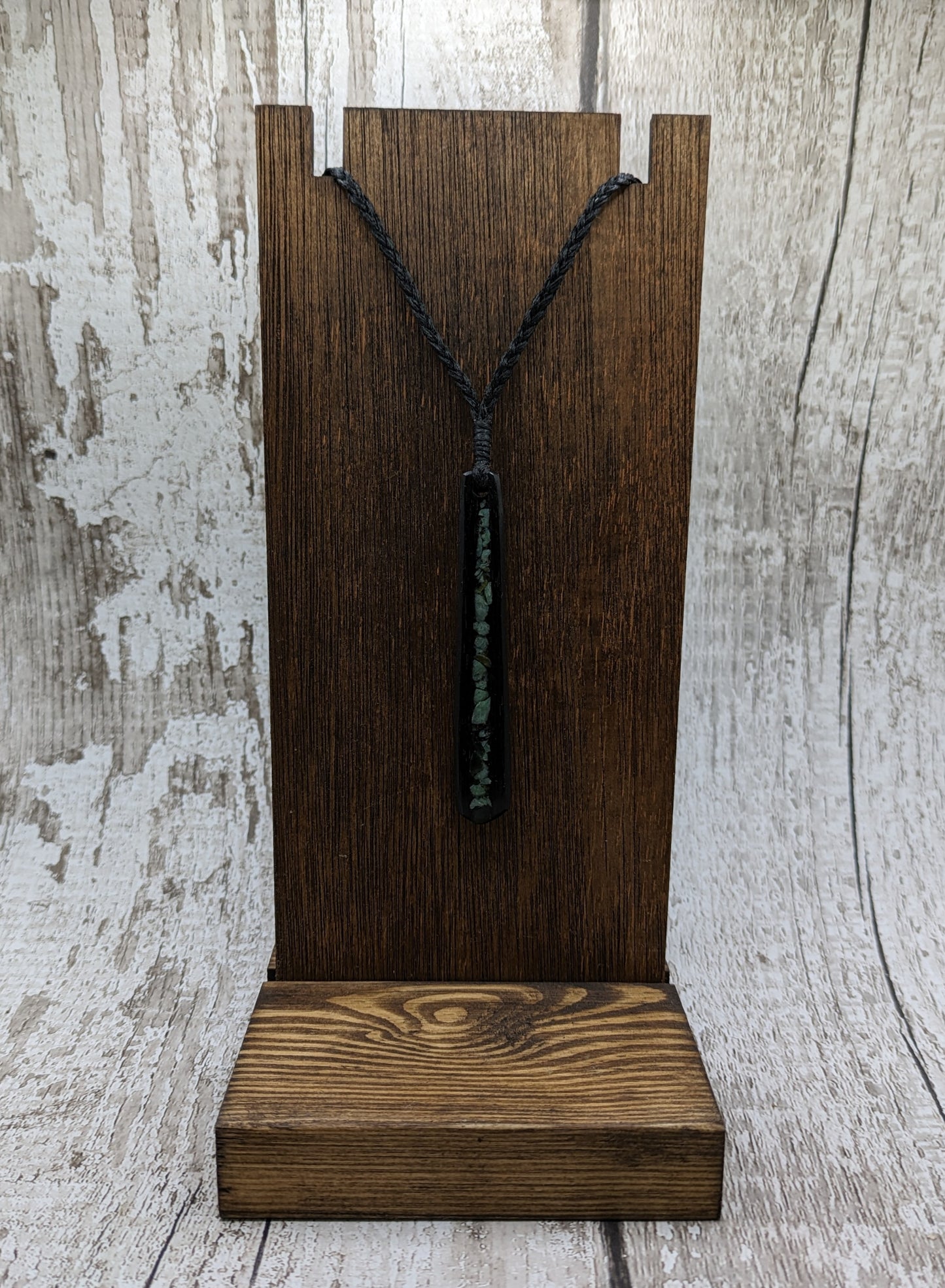 Fenland bog oak roimata pendant with NZ pounamu greenstone.