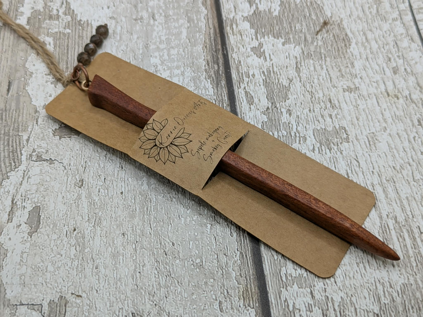 Sapele mahogany hair pin with Smokey quartz charm.