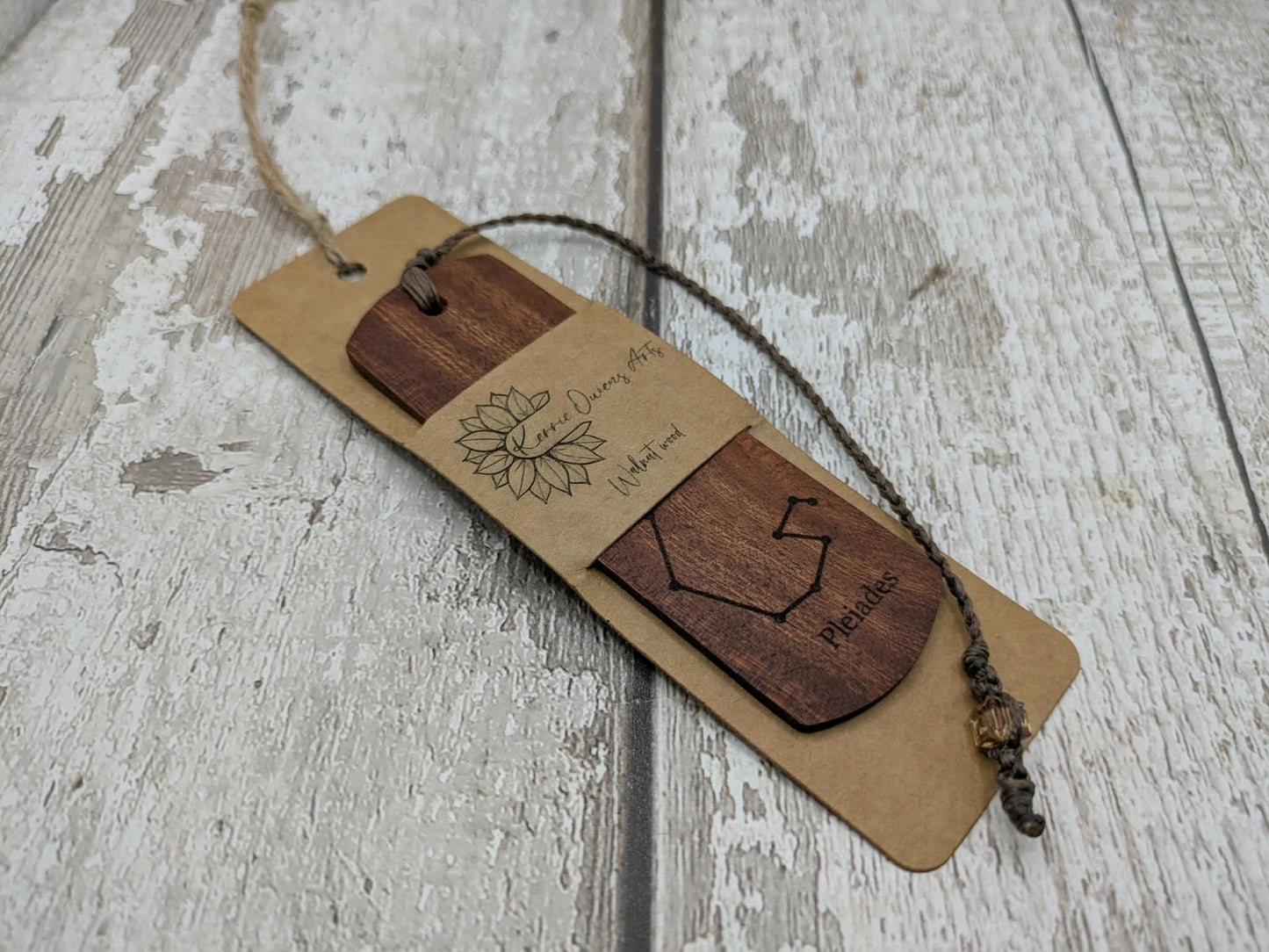 Walnut wood hand made bookmark with laser printed Pleiades constellation.