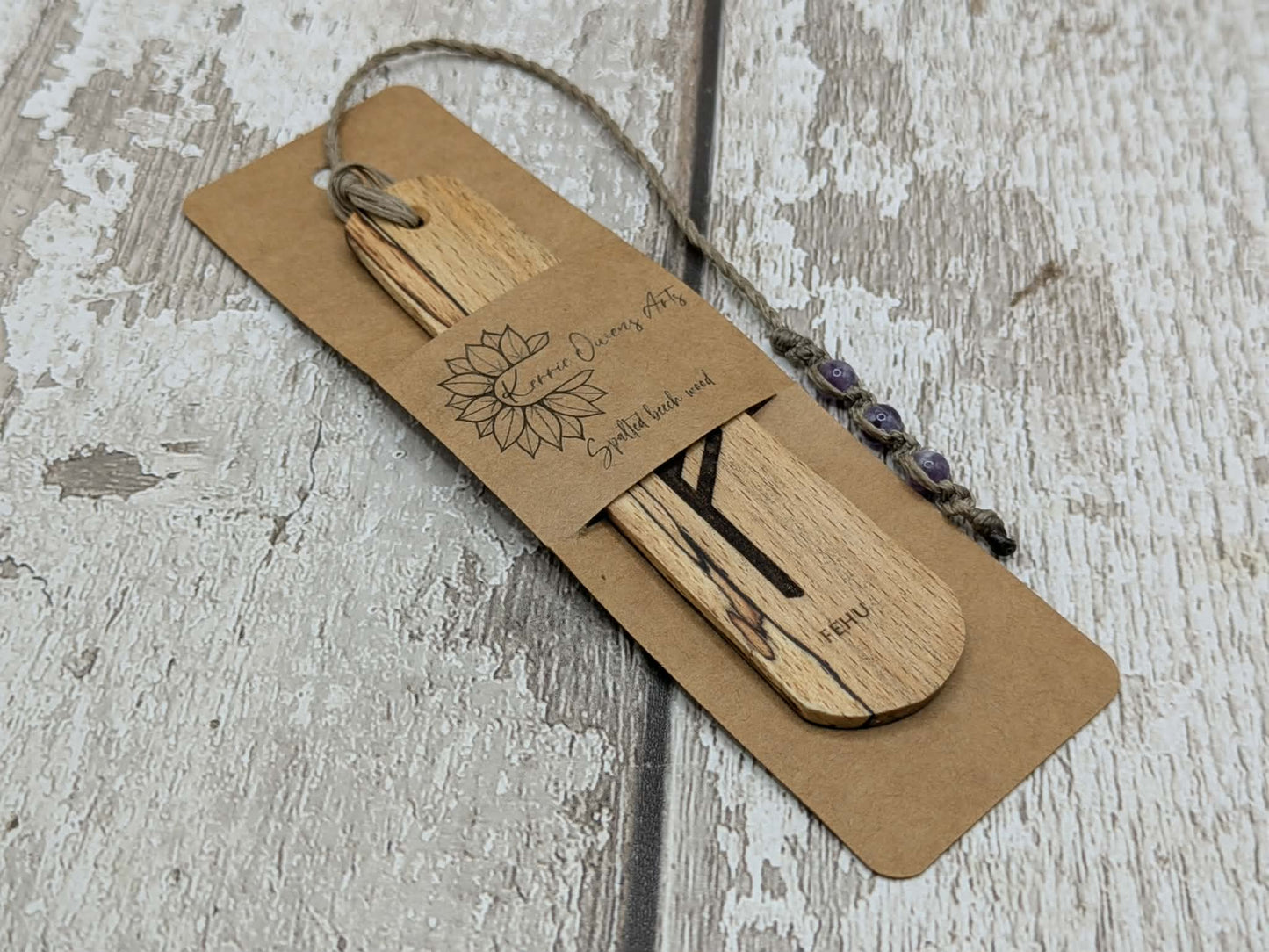 Spalted beech wood handmade fehu rune bookmark.
