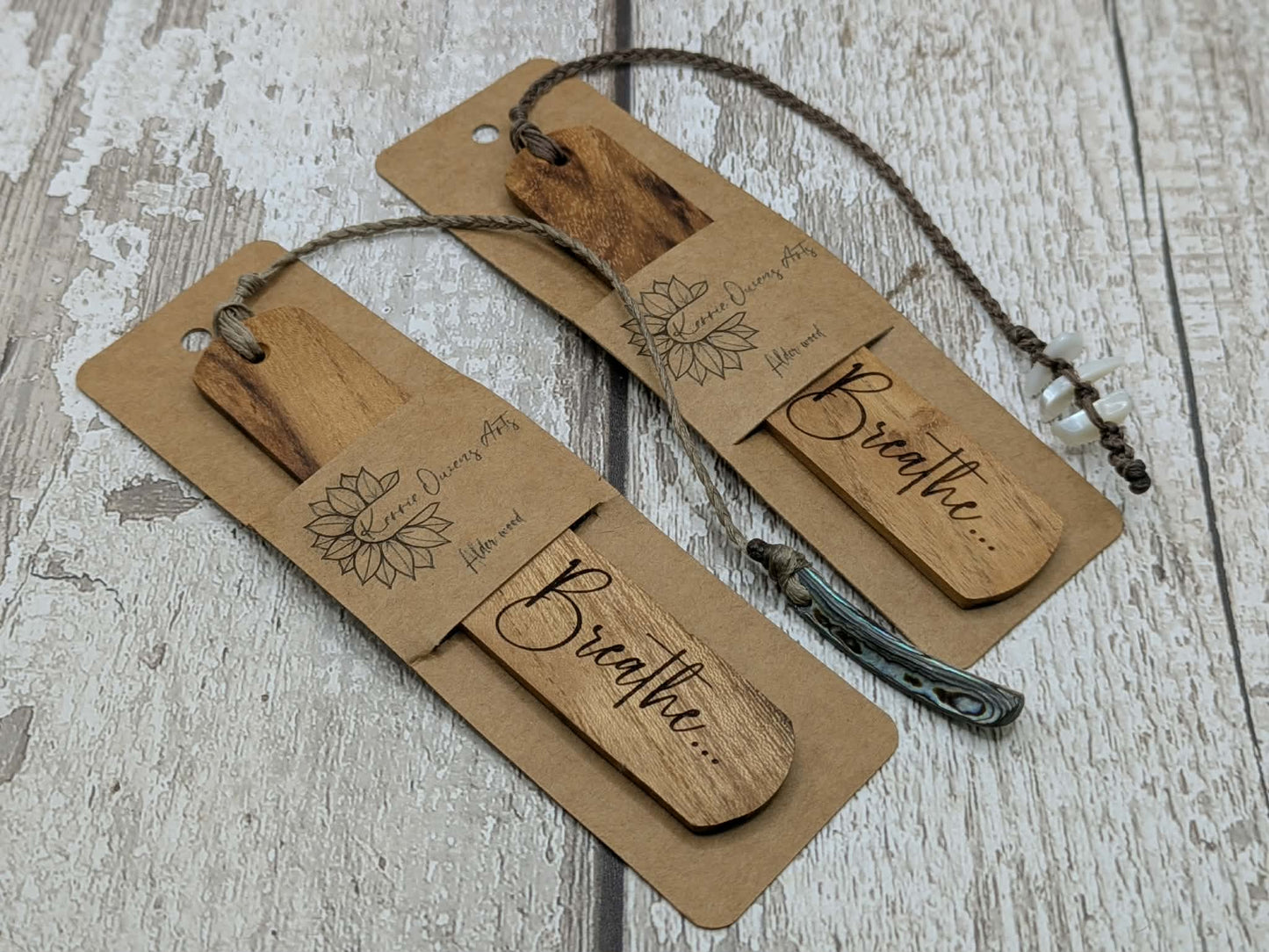 Handmade alder wooden laser printed breathe bookmark.